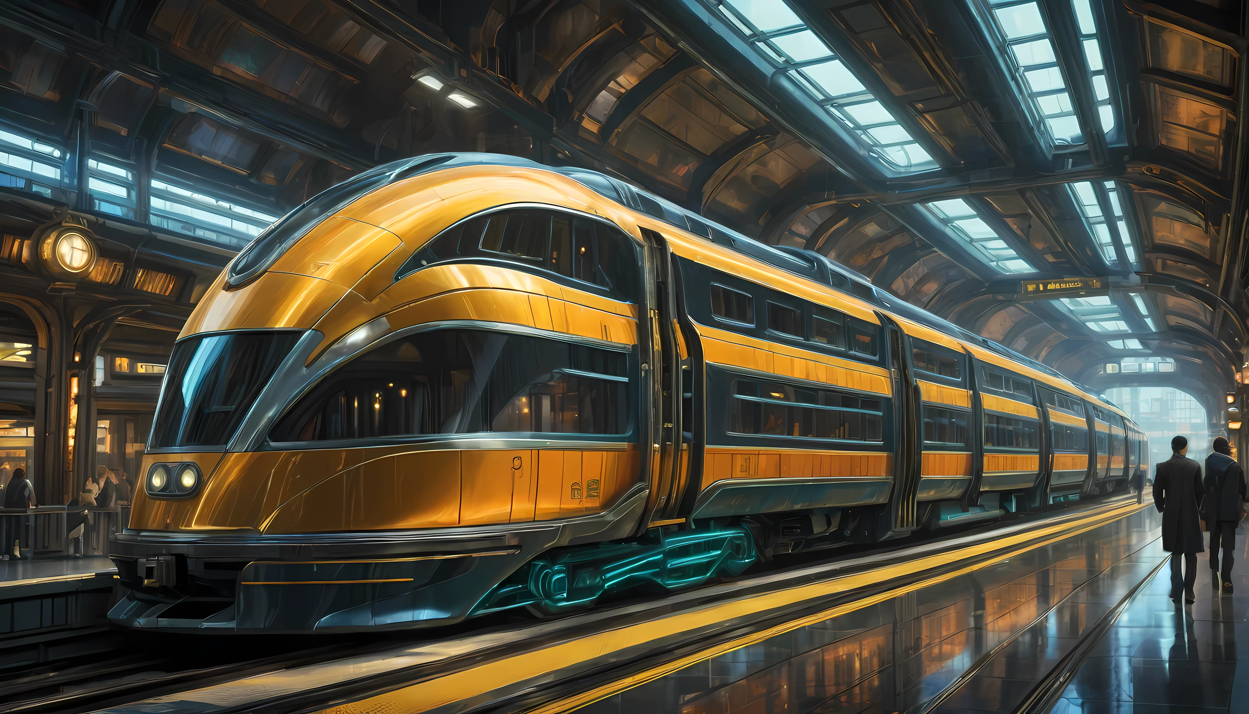 art deco style flying train, art deco style science fiction, background is floating train station.

(best quality,4k,8k,highres,masterpiece:1.2),ultra-detailed,(realistic,photorealistic,photo-realistic:1.37),HDR,UHD,studio lighting,ultra-fine painting,sharp focus,physically-based rendering,extreme detail description,professional,vivid colors,bokeh.