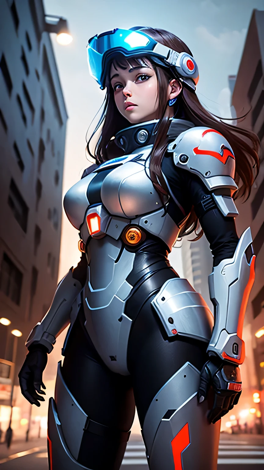 ((1girl/Ultraman/Giant/helmet with mask)), Unreal Engine 5/Mortal Kombat, anime style, full resolution/quality/sharpness/detail viewer, giant1breasts, look/face/exhibitionist/holding futuristic weapon/expression of hate, in a futuristic city raining/thundering.