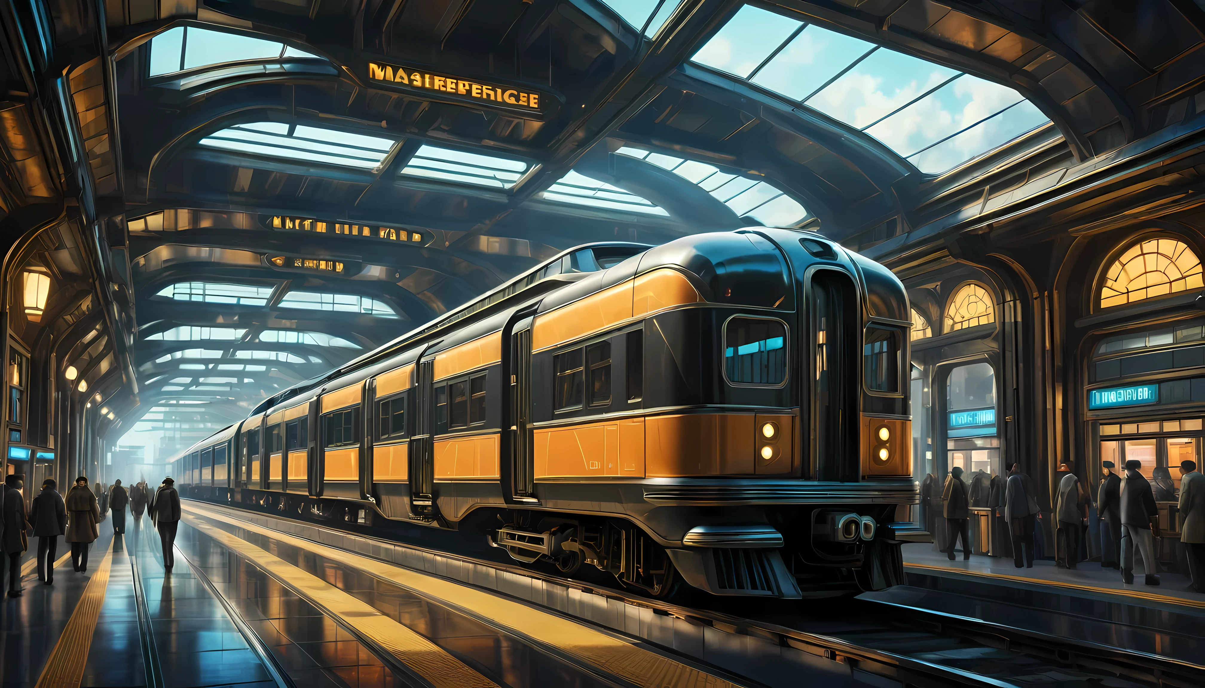 art deco style flying train, art deco style science fiction, background is floating train station.

(best quality,4k,8k,highres,masterpiece:1.2),ultra-detailed,(realistic,photorealistic,photo-realistic:1.37),HDR,UHD,studio lighting,ultra-fine painting,sharp focus,physically-based rendering,extreme detail description,professional,vivid colors,bokeh.