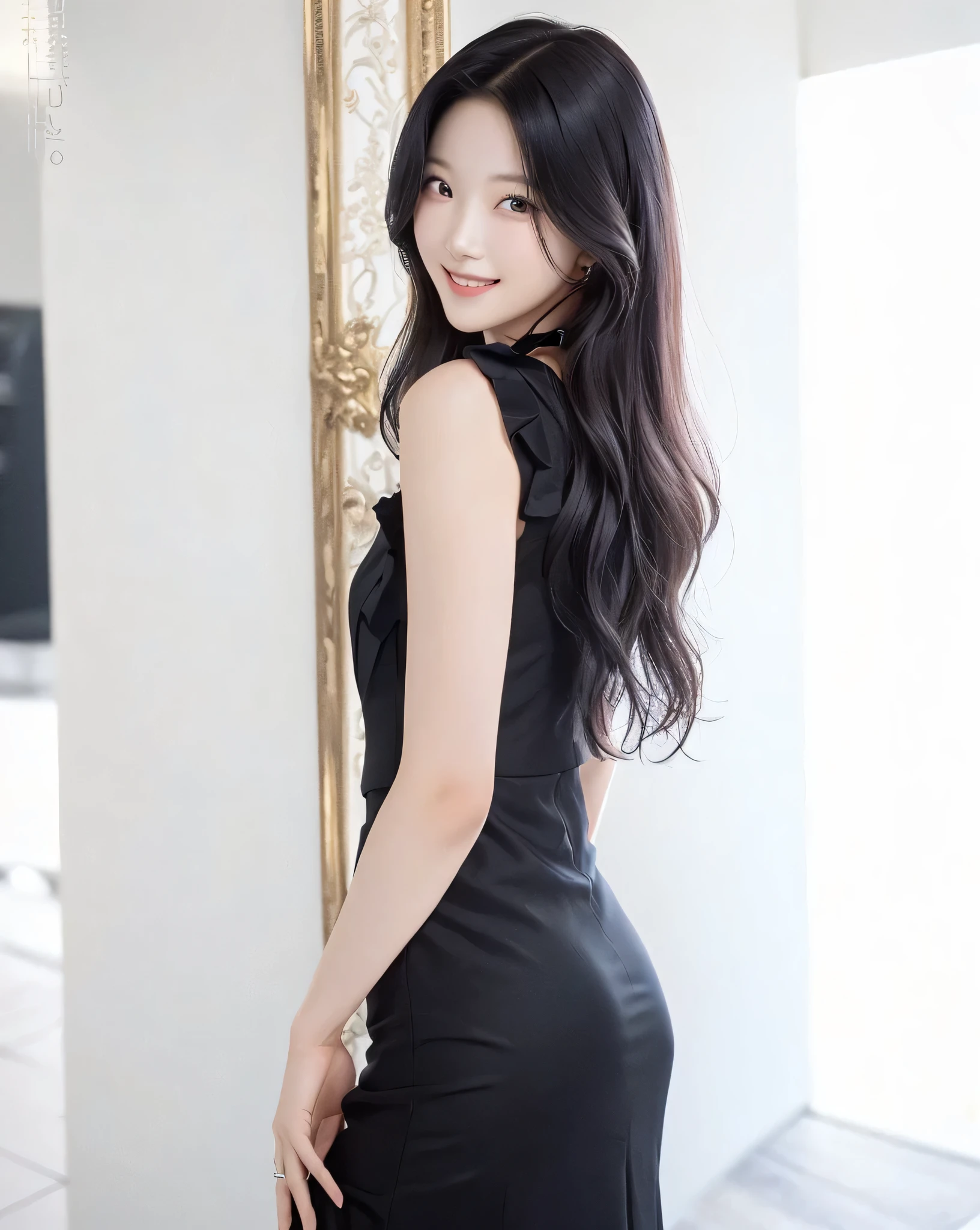 ((Best quality)), ((masterpiece)), (highly detailed:1.3), 1female, wearing black dress, black long haired, smile looking viewers, beautiful, idol korea, photoshoot, realistic