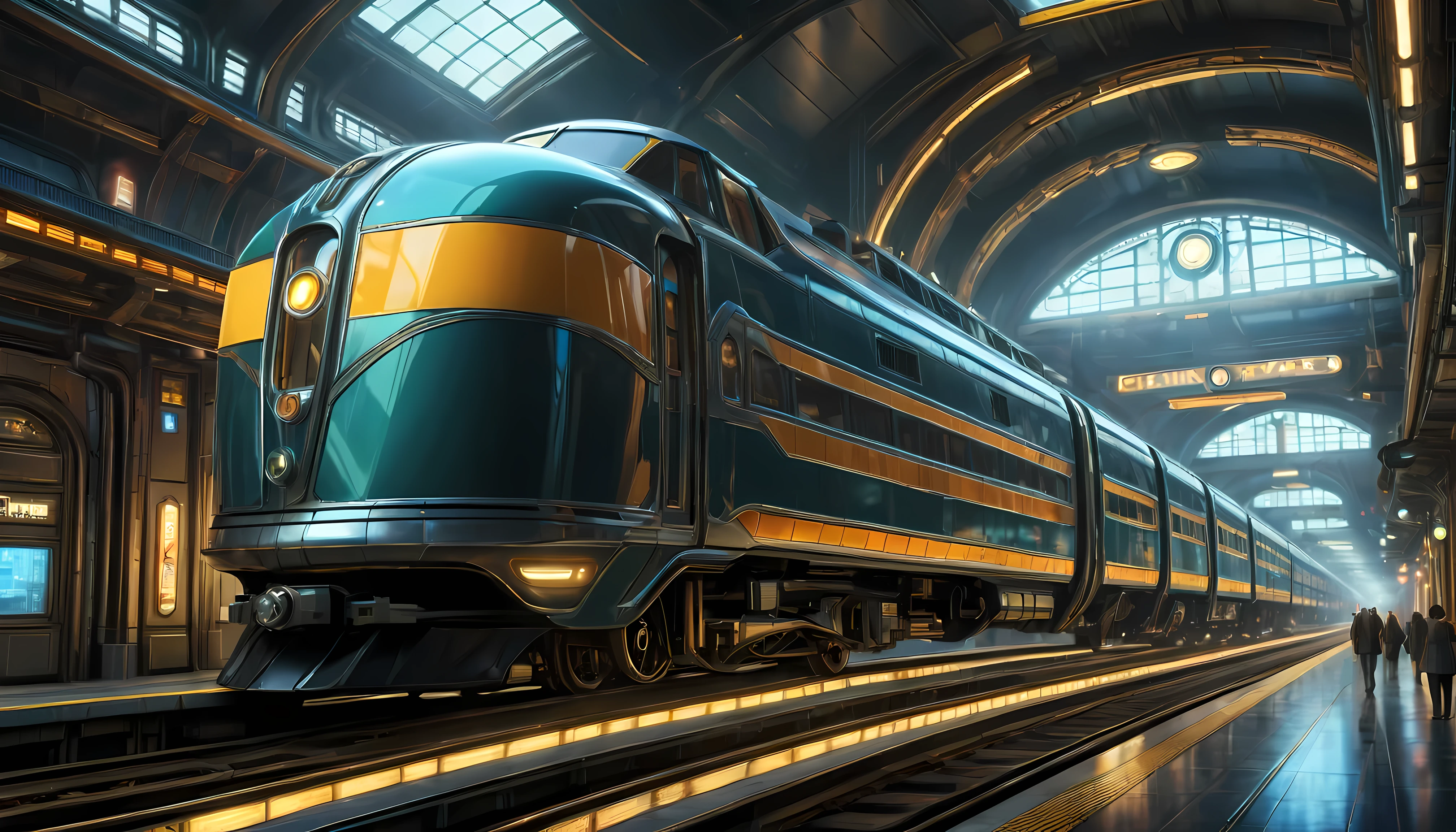 art deco style flying train, art deco style science fiction, background is floating train station.

(best quality,4k,8k,highres,masterpiece:1.2),ultra-detailed,(realistic,photorealistic,photo-realistic:1.37),HDR,UHD,studio lighting,ultra-fine painting,sharp focus,physically-based rendering,extreme detail description,professional,vivid colors,bokeh.