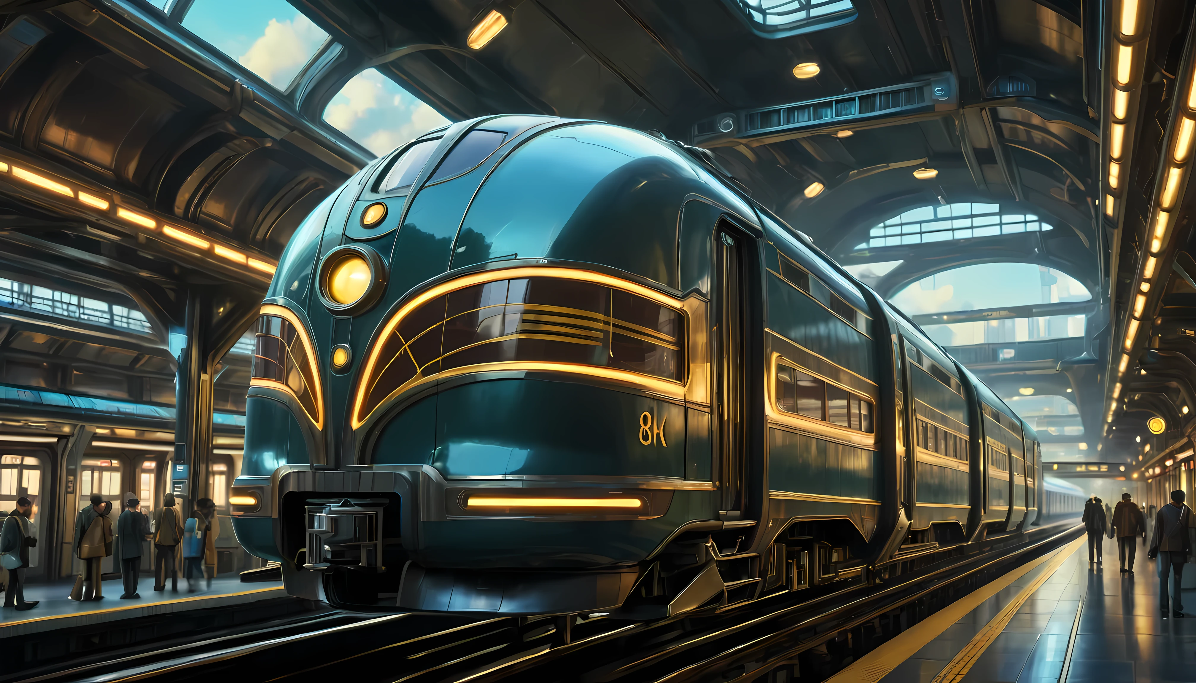 art deco style flying train, art deco style science fiction, background is floating train station.

(best quality,4k,8k,highres,masterpiece:1.2),ultra-detailed,(realistic,photorealistic,photo-realistic:1.37),HDR,UHD,studio lighting,ultra-fine painting,sharp focus,physically-based rendering,extreme detail description,professional,vivid colors,bokeh.