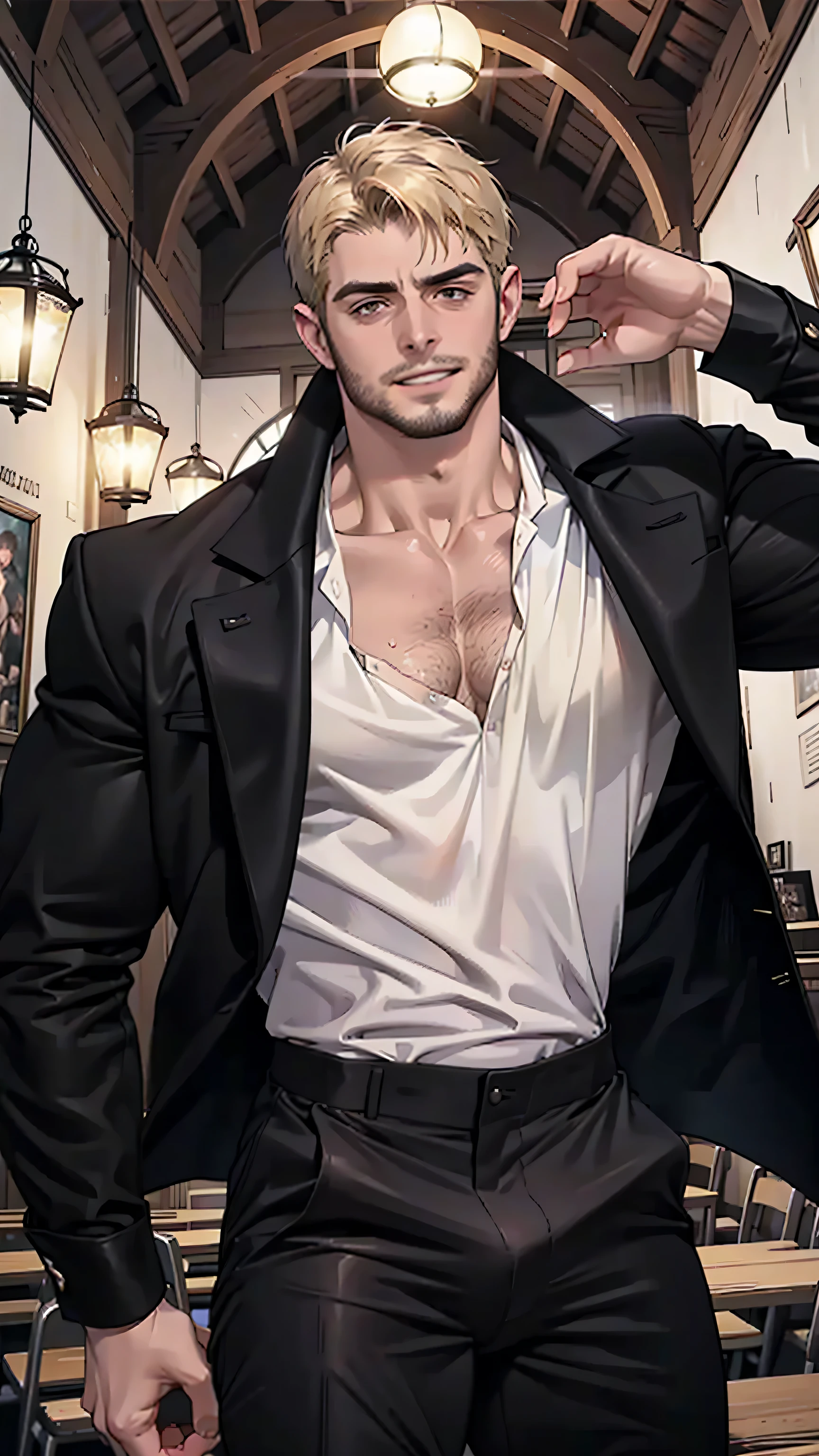 Highest quality, masterpiece, male, brown eyes, muscular, short beard, fine particle special effects, church, detailed face, tall, strong, short messy dark blonde hair, elegant, open white shirt, black pants, photography, handsome, male, muscular, pretentious smile, outdoors, dark romantic atmosphere, complex luxury scary background, small smile, pretentious smile, friendly face, rude, young man, hairy chest, cinematic shot, diffuse light, details intricate, athletic muscular physique, cleavage, vintage aesthetic, mysterious aura, night, artwork, bright room, pose, barbarian king, hairy armpit, pose, clear image, (detailed face), big penis, penis bulge in pants, jacket,