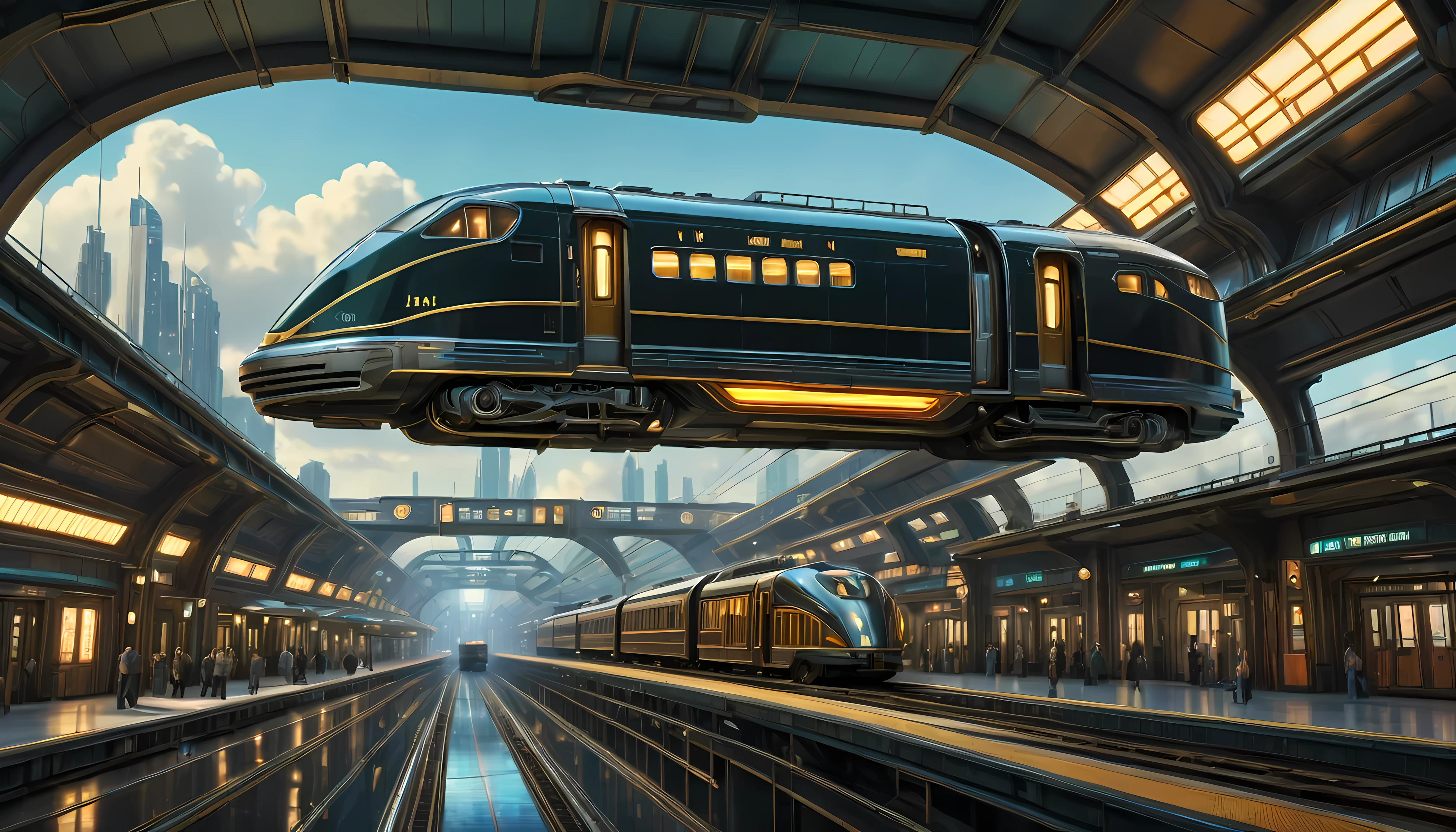 art deco style flying train, art deco style science fiction, background is floating train station.
(best quality,4k,8k,highres,masterpiece:1.2),ultra-detailed,(realistic,photorealistic,photo-realistic:1.37),HDR,UHD,studio lighting,ultra-fine painting,sharp focus,physically-based rendering,extreme detail description,professional,vivid colors,bokeh.