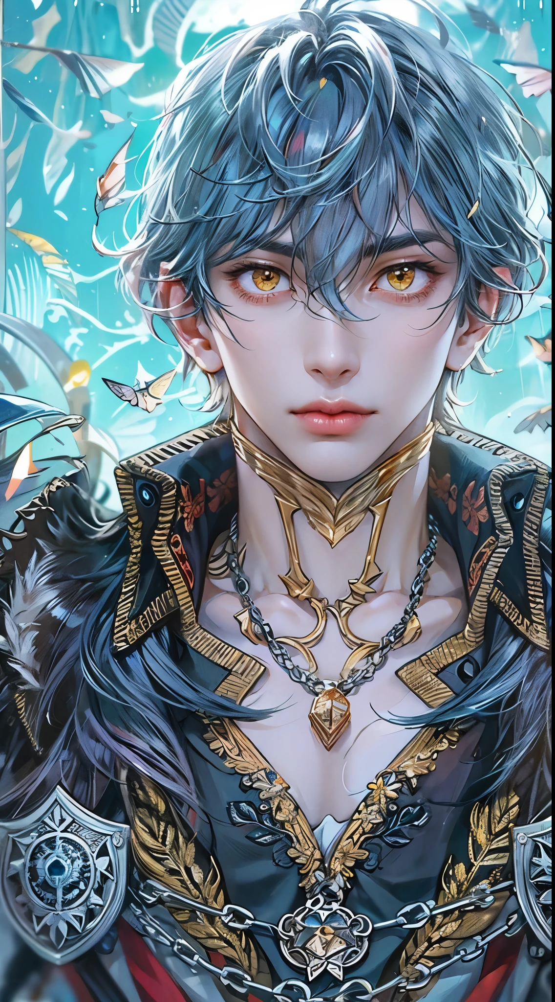 Doines, male character, handsome, black clothes, velvet coat, necklace, red diamond, leather armor, silver hair, yellow eyes (golden iriystical scenery, blue energy, zen forest.