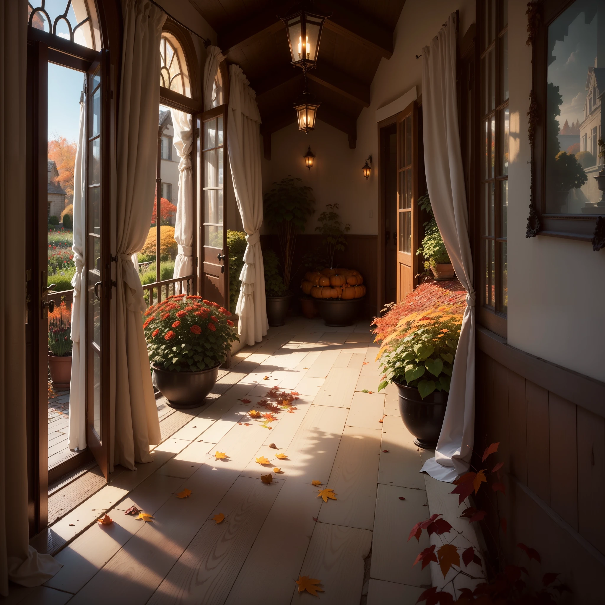 ((green)) long curtains on the windows, (((Autumn Garden))), Red Maples, Red roses, red leaves fall