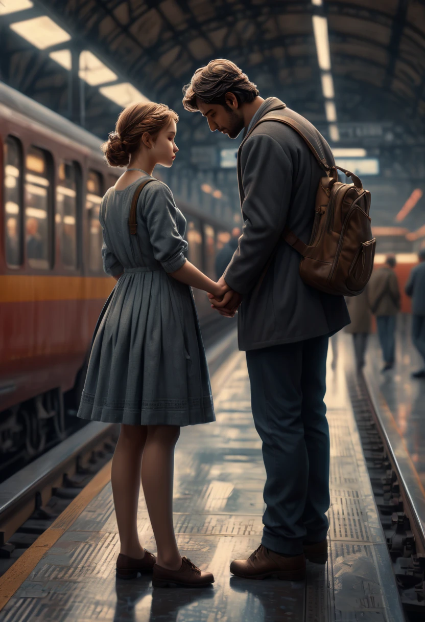 love story, girl in Train Station, (best quality, masterpiece, Representative work, official art, Professional, Ultra intricate detailed, 8k:1.3)