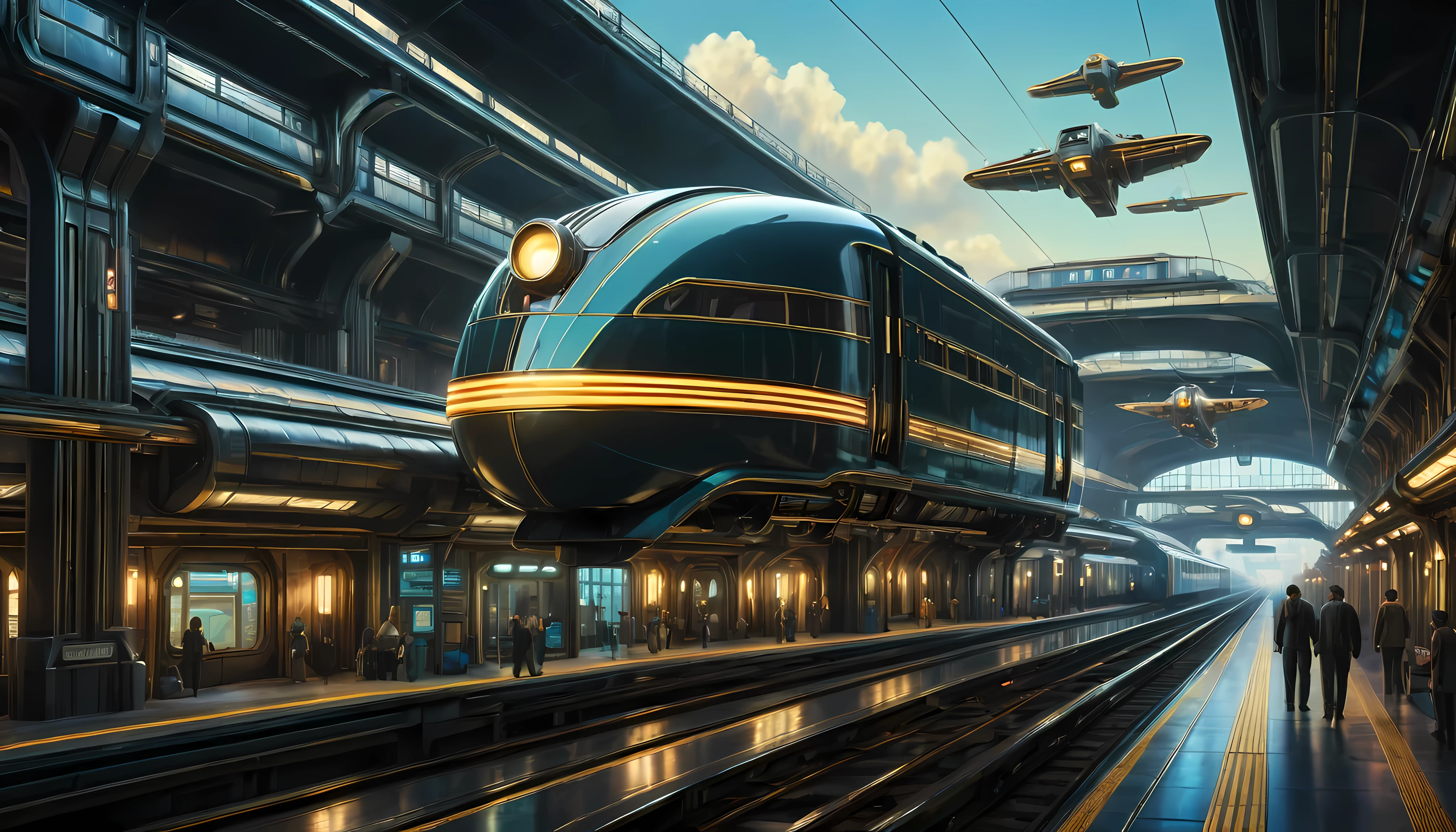 art deco style flying train, art deco style science fiction, background is floating train station.

(best quality,4k,8k,highres,masterpiece:1.2),ultra-detailed,(realistic,photorealistic,photo-realistic:1.37),HDR,UHD,studio lighting,ultra-fine painting,sharp focus,physically-based rendering,extreme detail description,professional,vivid colors,bokeh.