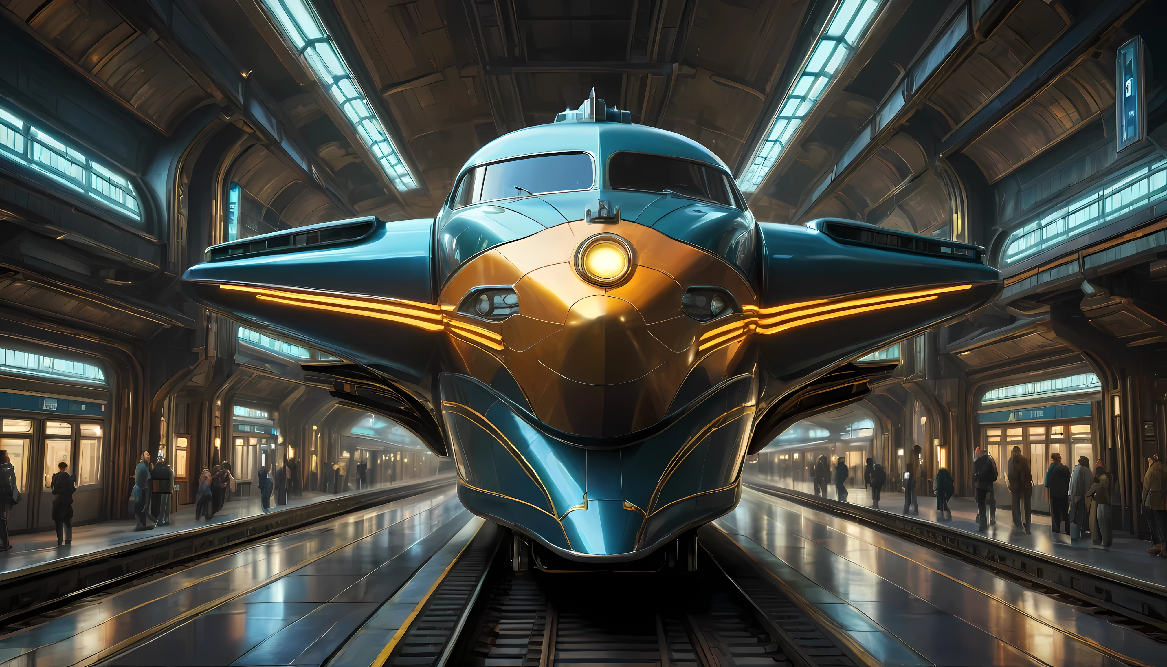 art deco style flying train, art deco style science fiction, background is floating train station.
(best quality,4k,8k,highres,masterpiece:1.2),ultra-detailed,(realistic,photorealistic,photo-realistic:1.37),HDR,UHD,studio lighting,ultra-fine painting,sharp focus,physically-based rendering,extreme detail description,professional,vivid colors,bokeh.