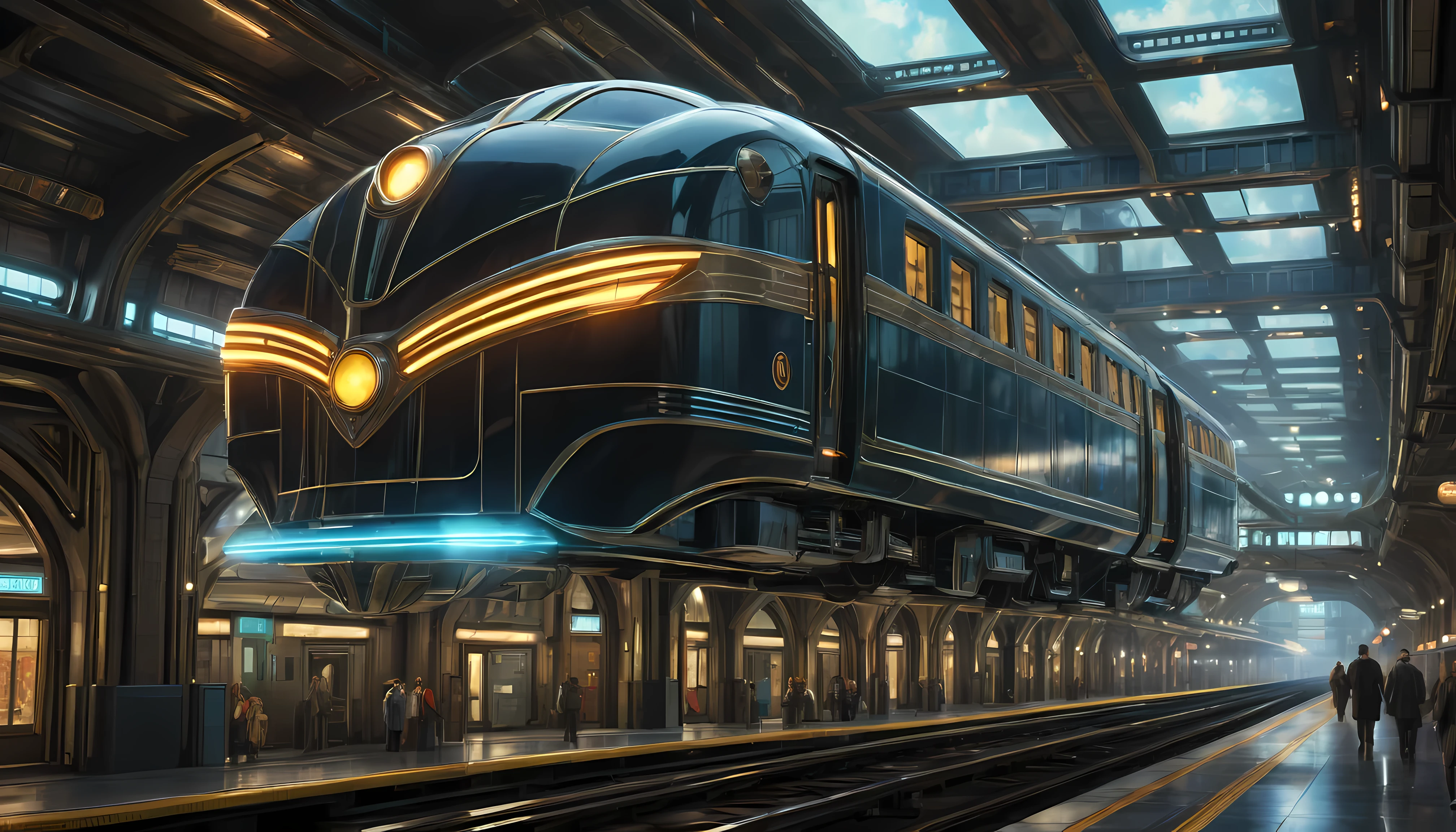 art deco style flying train, art deco style science fiction, background is floating train station.

(best quality,4k,8k,highres,masterpiece:1.2),ultra-detailed,(realistic,photorealistic,photo-realistic:1.37),HDR,UHD,studio lighting,ultra-fine painting,sharp focus,physically-based rendering,extreme detail description,professional,vivid colors,bokeh.