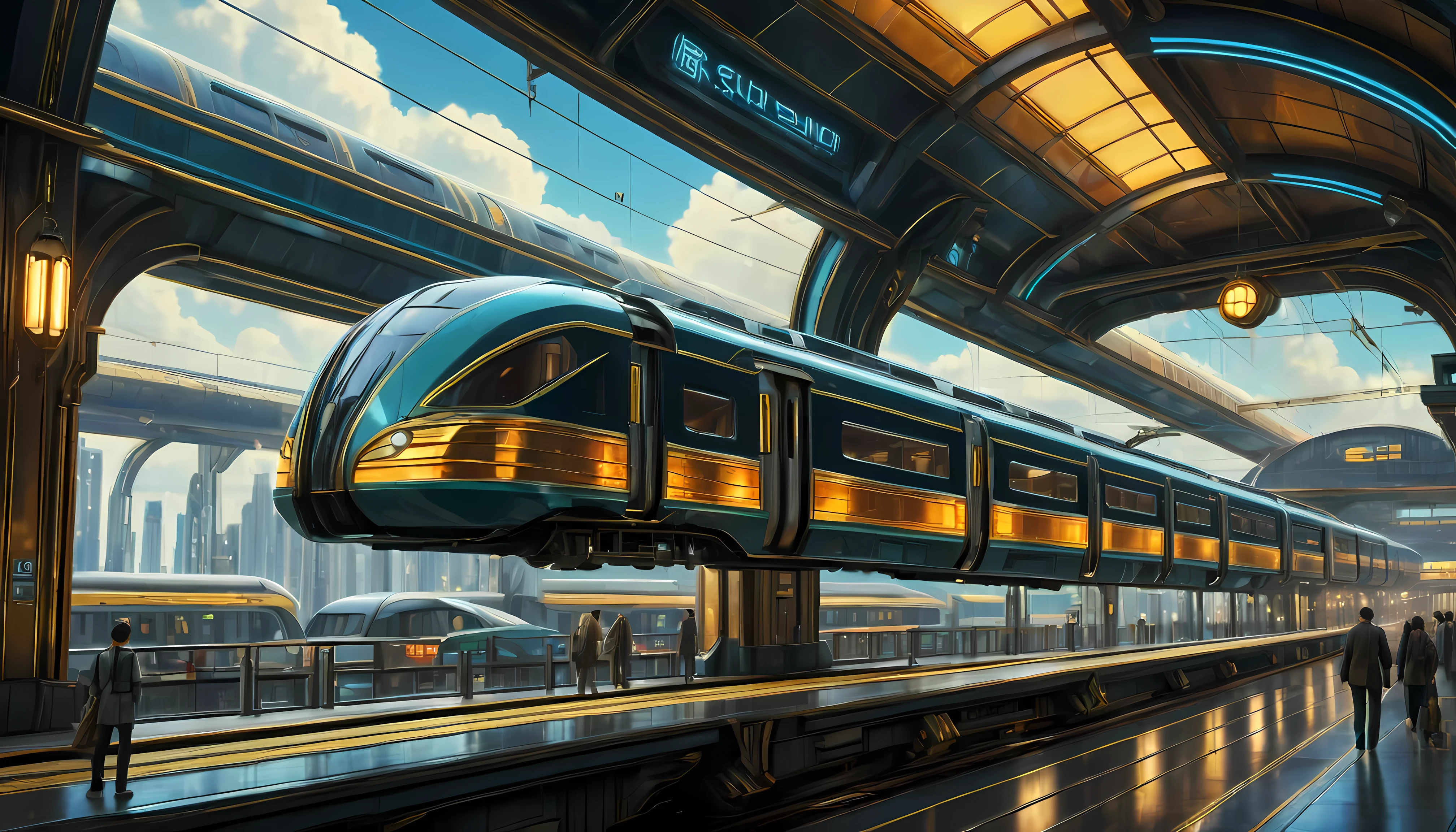 art deco style flying train, art deco style science fiction, background is floating train station.
(best quality,4k,8k,highres,masterpiece:1.2),ultra-detailed,(realistic,photorealistic,photo-realistic:1.37),HDR,UHD,studio lighting,ultra-fine painting,sharp focus,physically-based rendering,extreme detail description,professional,vivid colors,bokeh.