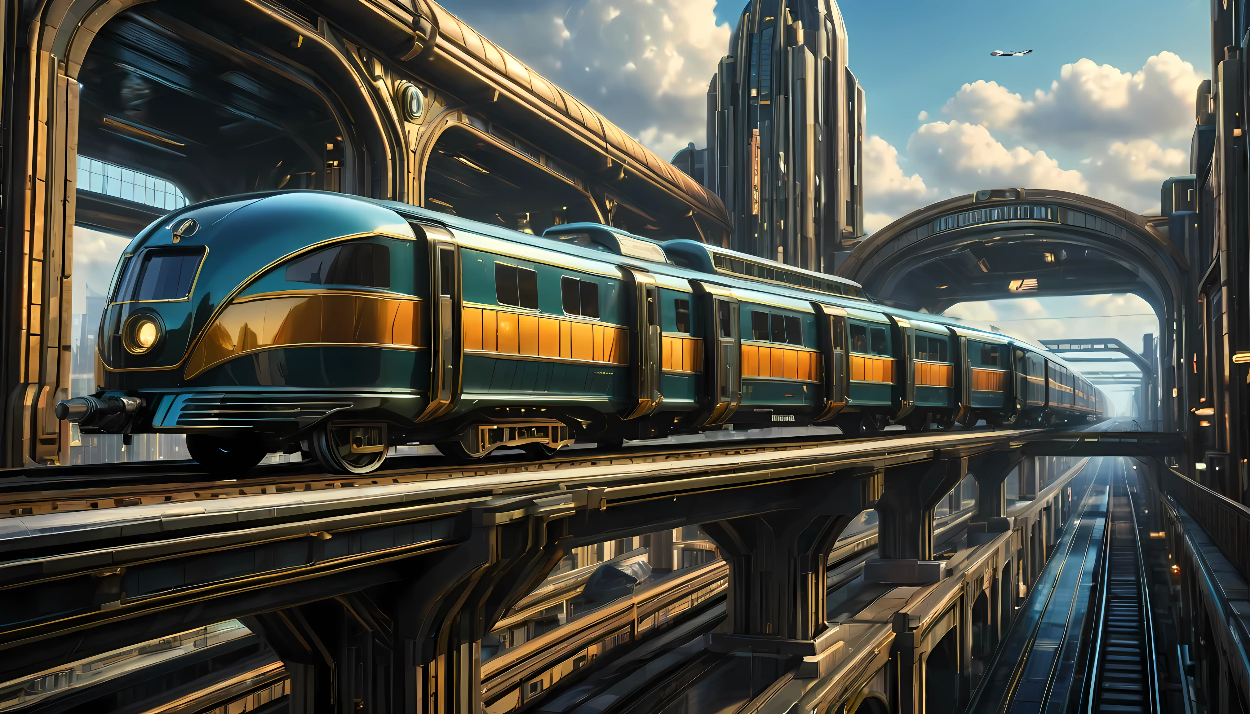 art deco style flying train, art deco style science fiction, background is floating train station.

(best quality,4k,8k,highres,masterpiece:1.2),ultra-detailed,(realistic,photorealistic,photo-realistic:1.37),HDR,UHD,studio lighting,ultra-fine painting,sharp focus,physically-based rendering,extreme detail description,professional,vivid colors,bokeh.