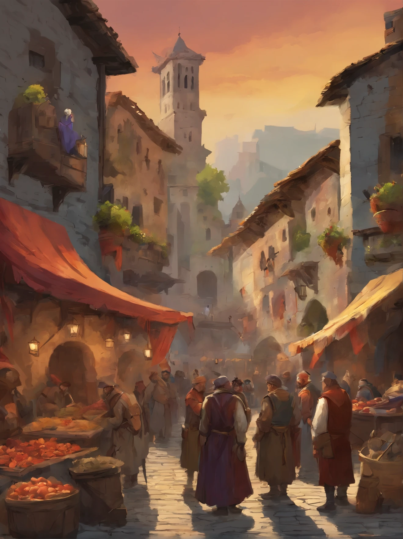 Create an evocative scene of a bustling medieval market with oil brush strokes. Paint a lively cityscape where people gather to exchange goods and socialize. Incluye vendedores ambulantes ofreciendo una variedad de productos, como telas, especias, frutas y utensilios artesanales. It portrays passersby interacting with merchants, some examining merchandise while others chat animatedly. Capture the vibrant and colorful atmosphere of the medieval market, using a rich color palette and details that reflect the historical authenticity of the era