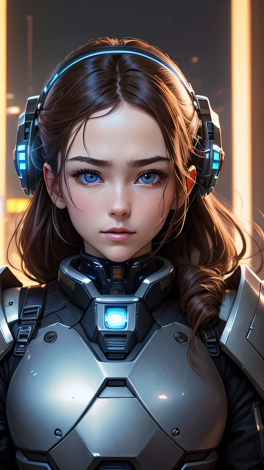 masterpiece, 最high quality, , (alone), 1 girl, look up, dim light, , horizon_(apex legend), goggles, blue eyes, brown hair, gauntlet, shoulder armor, (Mecha Helmet), (science_fiction), outdoors, street, neon light, cyber punk, masterpiece, 最high quality, high quality, High resolution, (((close up of face)))