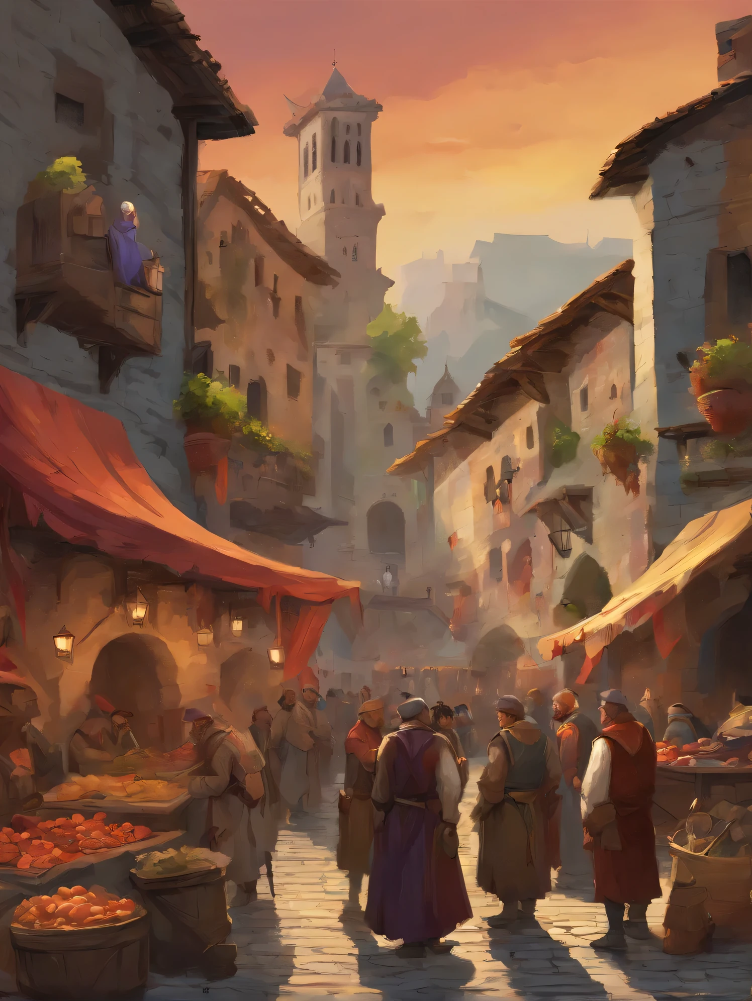 Create an evocative scene of a bustling medieval market with oil brush strokes.. Paint a lively cityscape where people gather to exchange goods and socialize.. Incluye vendedores ambulantes ofreciendo una variedad de productos, como pantallas, especias, frutas y utensilios artesanales. It portrays passersby interacting with merchants., some examine the merchandise while others chat animatedly. Capture the vibrant and colorful atmosphere of the medieval market., using a rich palette of colors and details that reflect the historical authenticity of the era