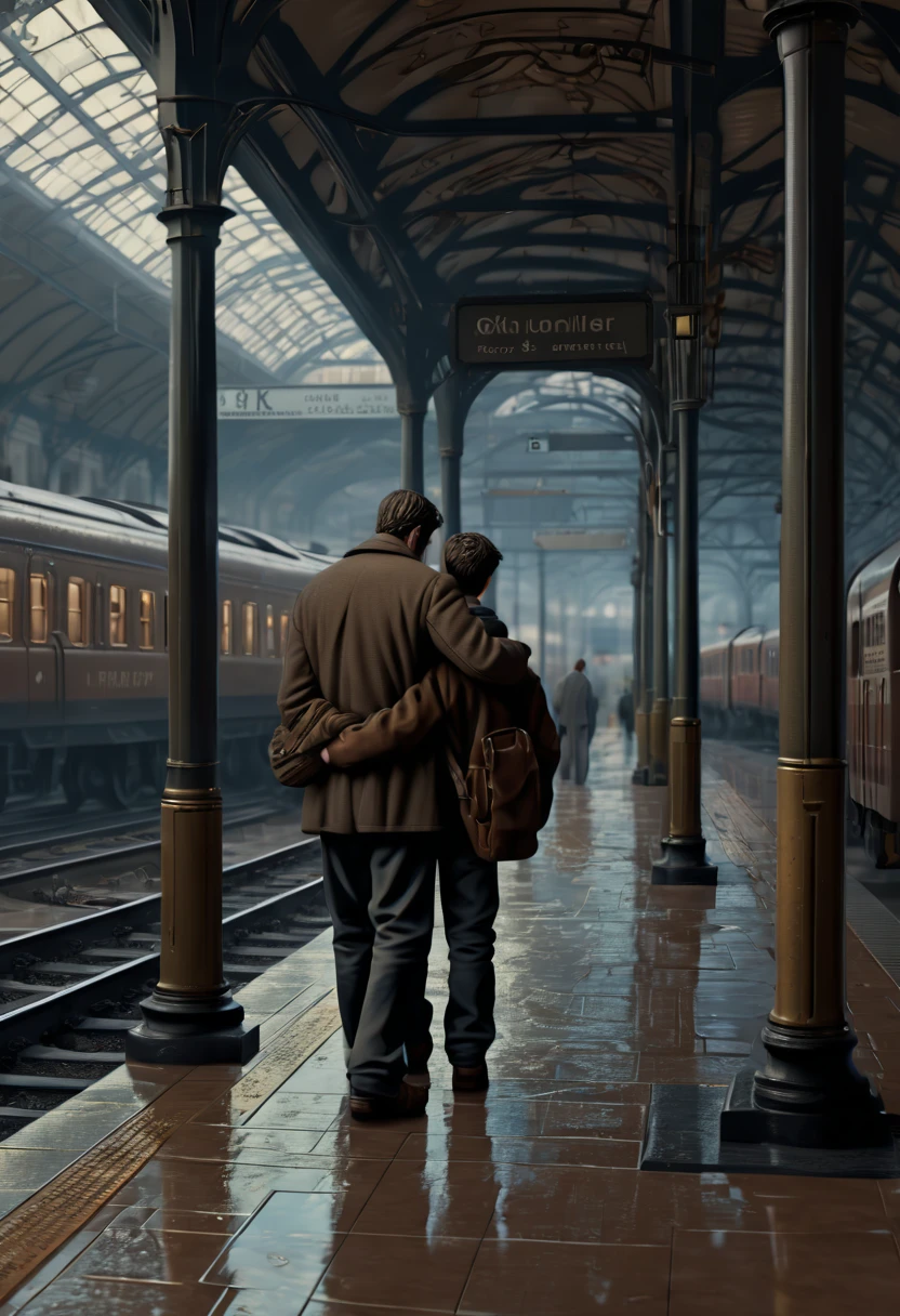 love story, father and son, Train Station, (best quality, masterpiece, Representative work, official art, Professional, Ultra intricate detailed, 8k:1.3)