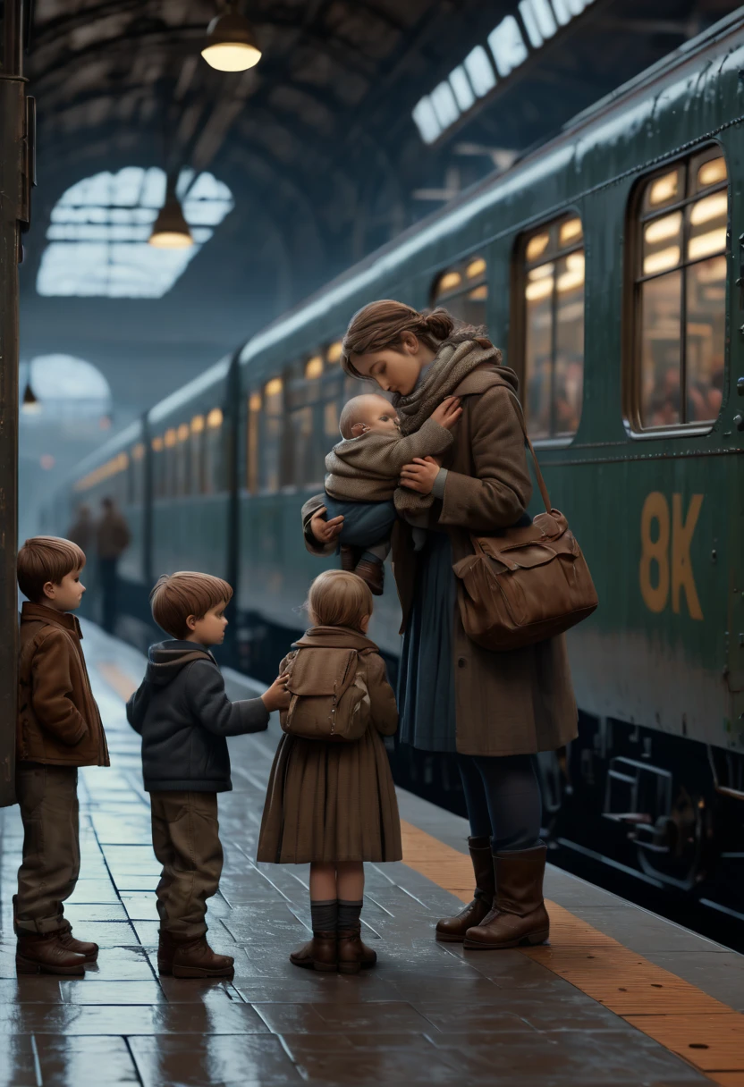 love story, mother and children, Train Station, (best quality, masterpiece, Representative work, official art, Professional, Ultra intricate detailed, 8k:1.3)