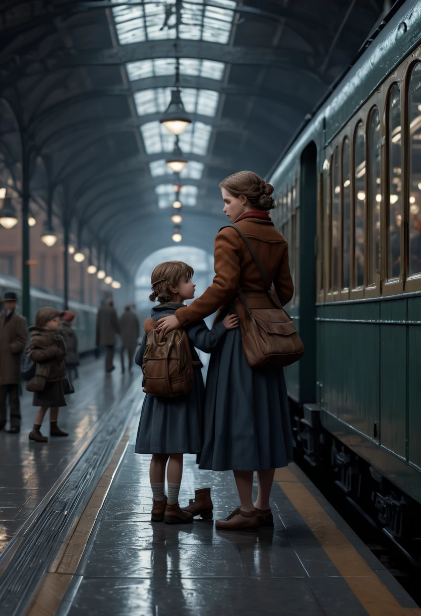 love story, mother and children, Train Station, (best quality, masterpiece, Representative work, official art, Professional, Ultra intricate detailed, 8k:1.3)