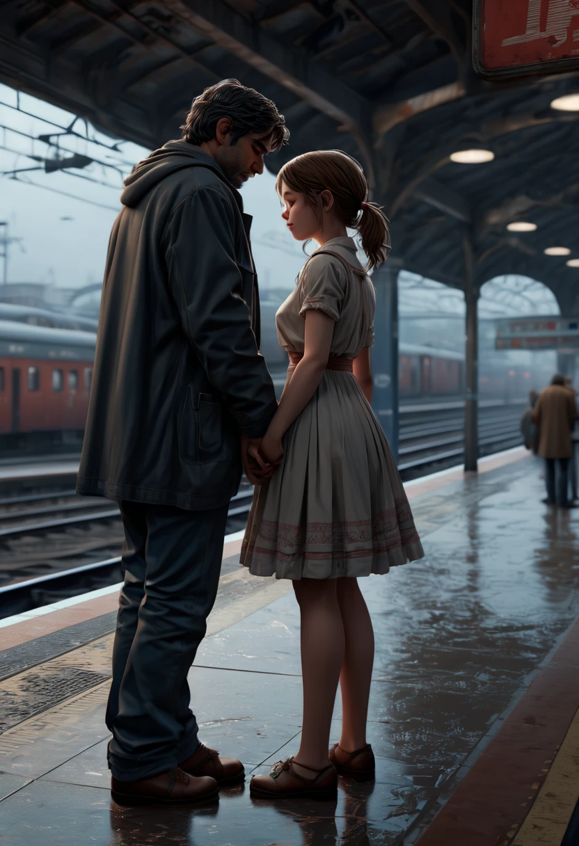 love story, cry girl, Train Station, (best quality, masterpiece, Representative work, official art, Professional, Ultra intricate detailed, 8k:1.3)
