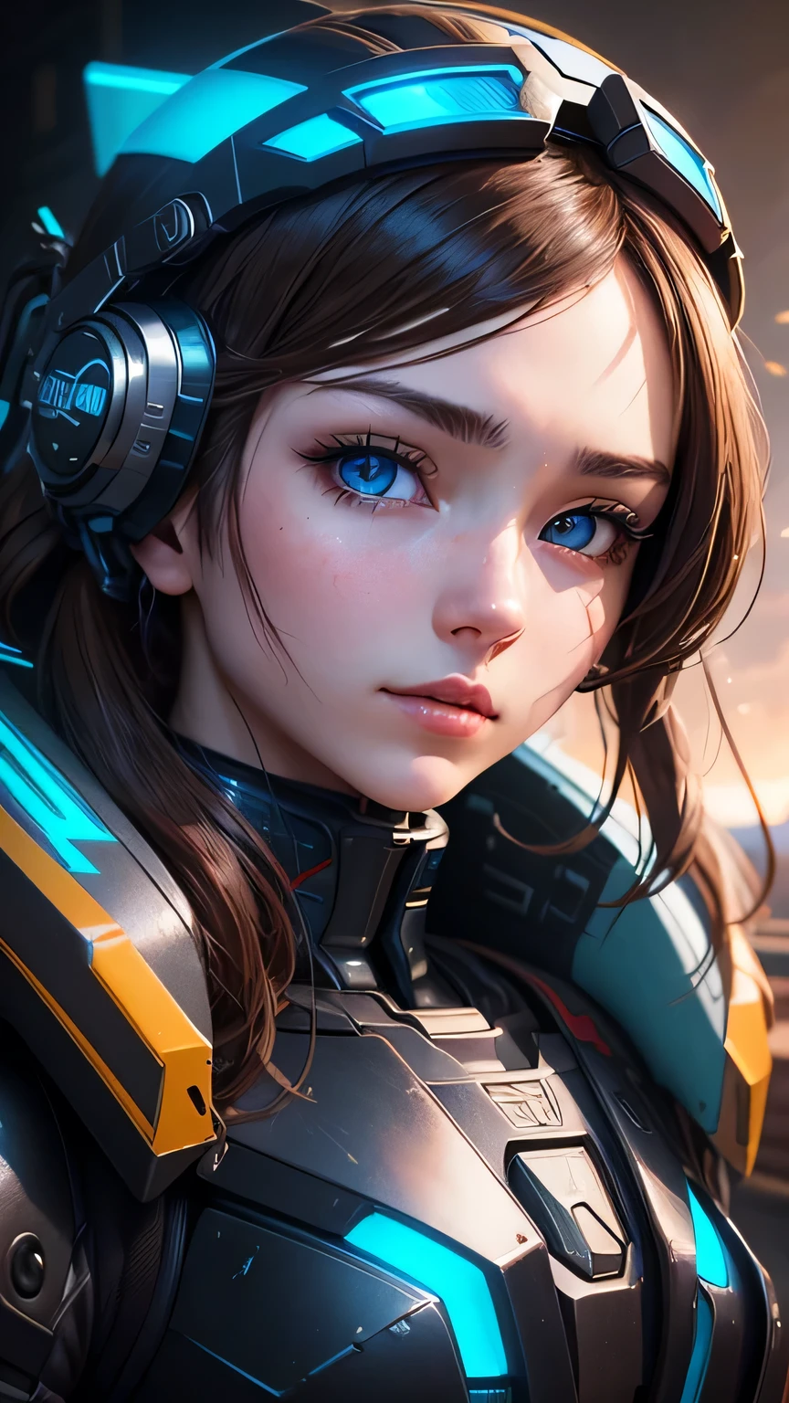 masterpiece, 最high quality, , (alone), 1 girl, look up, dim light, , horizon_(apex legend), goggles, blue eyes, brown hair, gauntlet, shoulder armor, (Mecha Helmet), (science_fiction), outdoors, street, neon light, cyber punk, masterpiece, 最high quality, high quality, High resolution, (((close up of face)))