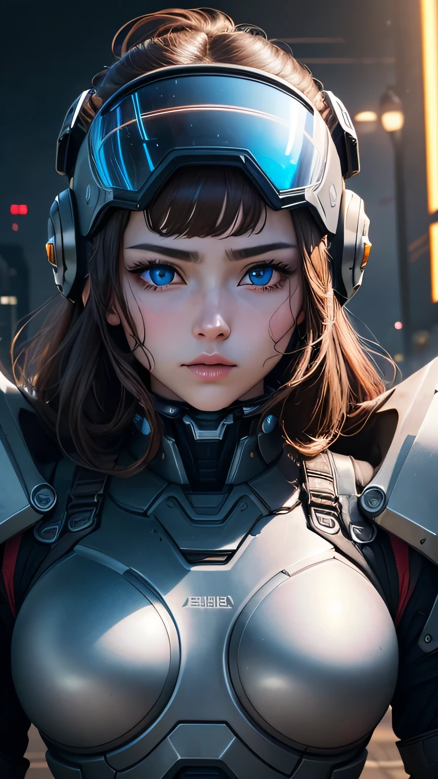 masterpiece,  最high quality, , (alone), 1 girl, look up, dim light, , horizon_(apex legend), goggles, blue eyes, brown hair, gauntlet, shoulder armor,  (Mecha Helmet), (science_fiction), outdoors, street, neon light, cyber punk, masterpiece, 最high quality, high quality, High resolution, (((close up of face)))