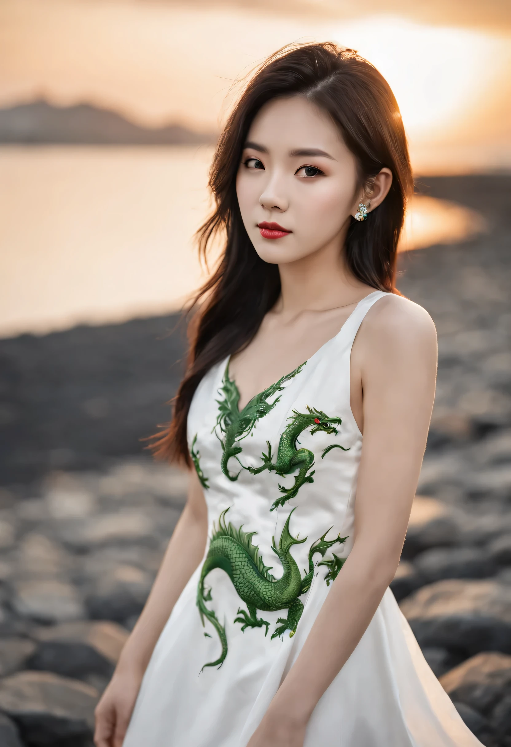 HDR, UHD, 64k portrait of a very attractive single Asian girl with beautiful emerald detailed eyes in a detailed white dress with dragons on it, she has medium-sized breasts, anatomically correct, finely detailed features, perfect body, perfectly flawless skin, super-detailed black and red dragon tattoos, (award winning, best quality), masterpiece, detailed, edgy, (dramatic, confident, mirrorless, ultra-wide angle, sunset, lifestyle editorial, black and white, high, backlit)