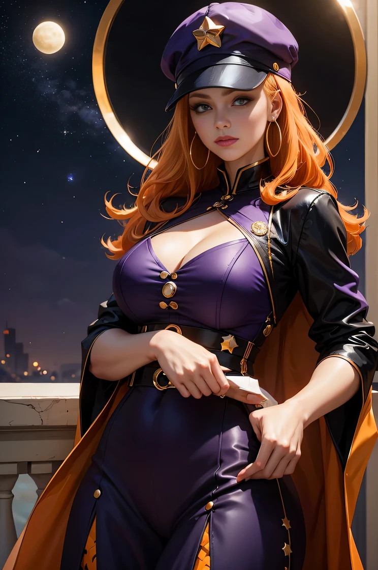 creamy Orange hair , wearing royal purple and black outfit , moons and stars pattern, hoop earring , wearing a cap hat