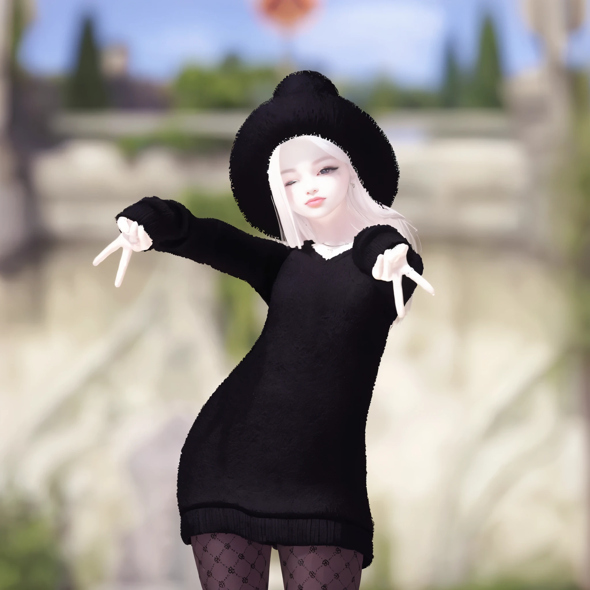 il y a une image 3D d'une femme vêtue d'une robe noire et d'un chapeau, pose de lancement de sorts, pose effrayante, pose lacive, une pose, pose modeste gesture, je pose, Evil pose, distorted pose, holding a pose modeste, pose modeste, pose mignonne, portant une vieille robe noire et un chapeau, avatar de la seconde vie