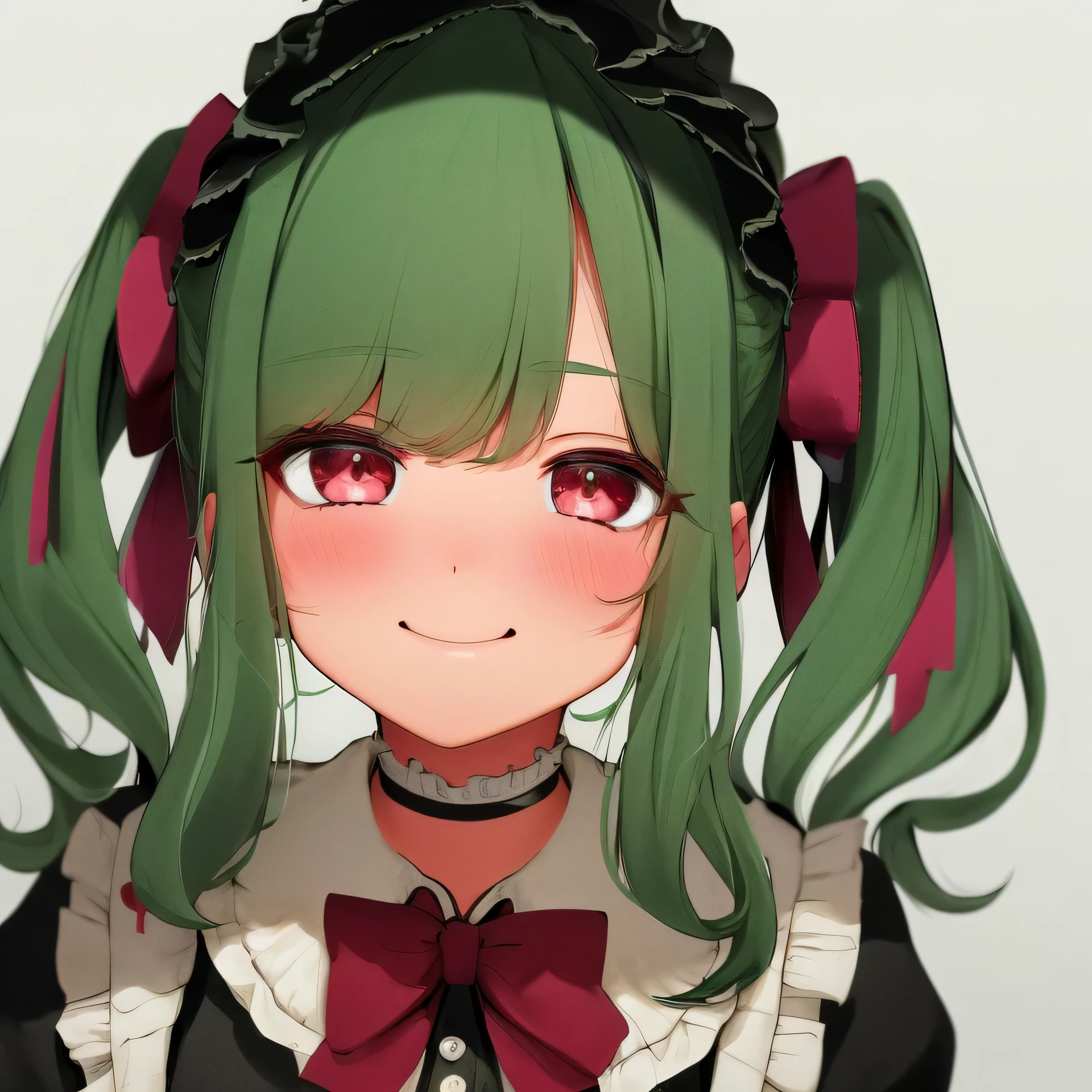 ((Лучшее качестVо)), ((шедеVр)), ((detailed)), perfect face, 1 деVушка, transparent_background, One, Vолосы_over_One_eye, green_Vолосы, frilly_Vолосыband, frill, looking_V_viewer, smile, closed_mouth, Necklace, portrait, red_eyes, black_background, Коmouthкий_Vолосы, Cute clothes, Cute pose, blushing