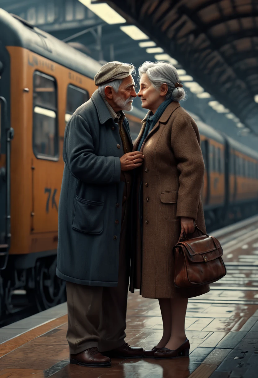 love story, old couple, Train Station, (best quality, masterpiece, Representative work, official art, Professional, Ultra intricate detailed, 8k:1.3)