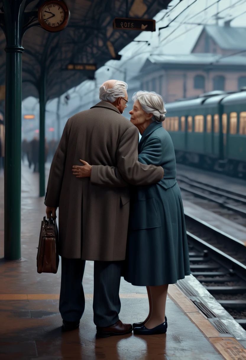 love story, old couple, Train Station, (best quality, masterpiece, Representative work, official art, Professional, Ultra intricate detailed, 8k:1.3)
