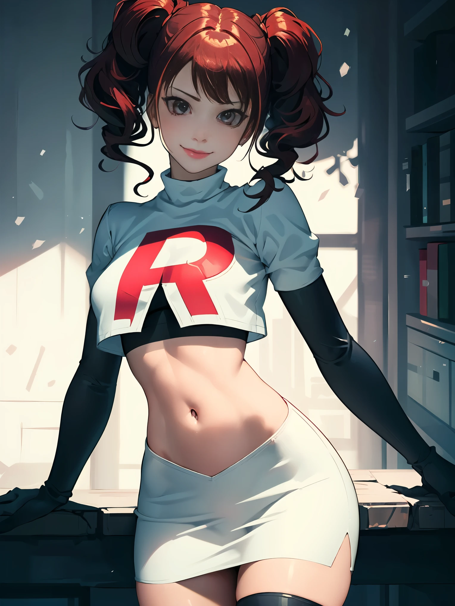 best quality,ultra-detailed,realistic,professional,Rise Kujikawa,portrait,glossy lips,evil smile,looking at viewer,cowboy shot,team rocket uniform,black elbow gloves,black thigh-high boots,white crop top,white skirt,red letter R,vivid colors,lively lighting