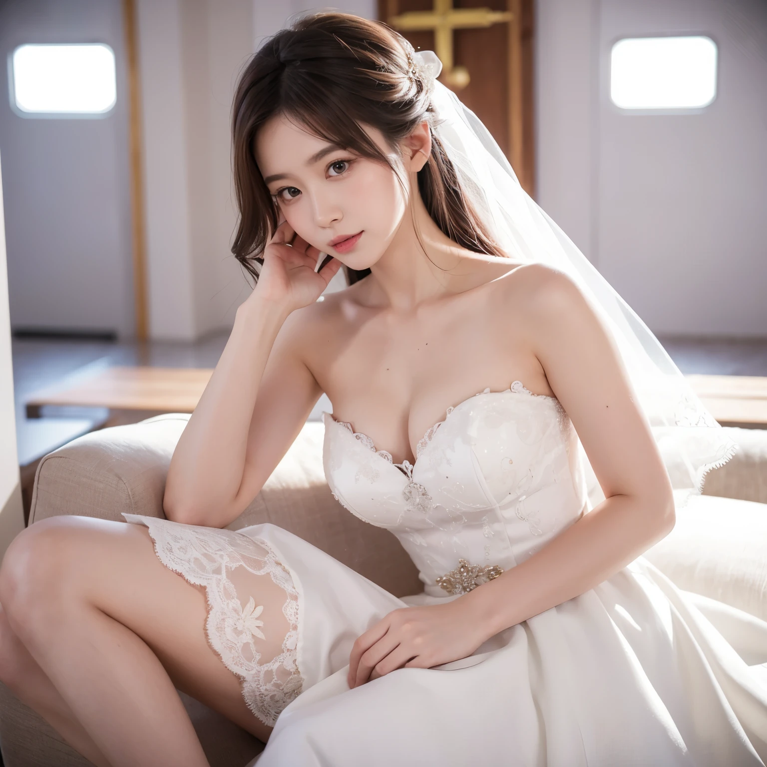 Honkai Impact 3rd Yae Sakura is wearing a wedding dress and looking shyly at the camera in the white church