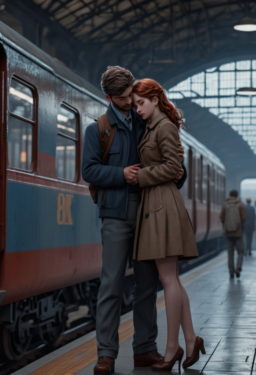 love story, students, Train Station, (best quality, masterpiece, Representative work, official art, Professional, Ultra intricate detailed, 8k:1.3)