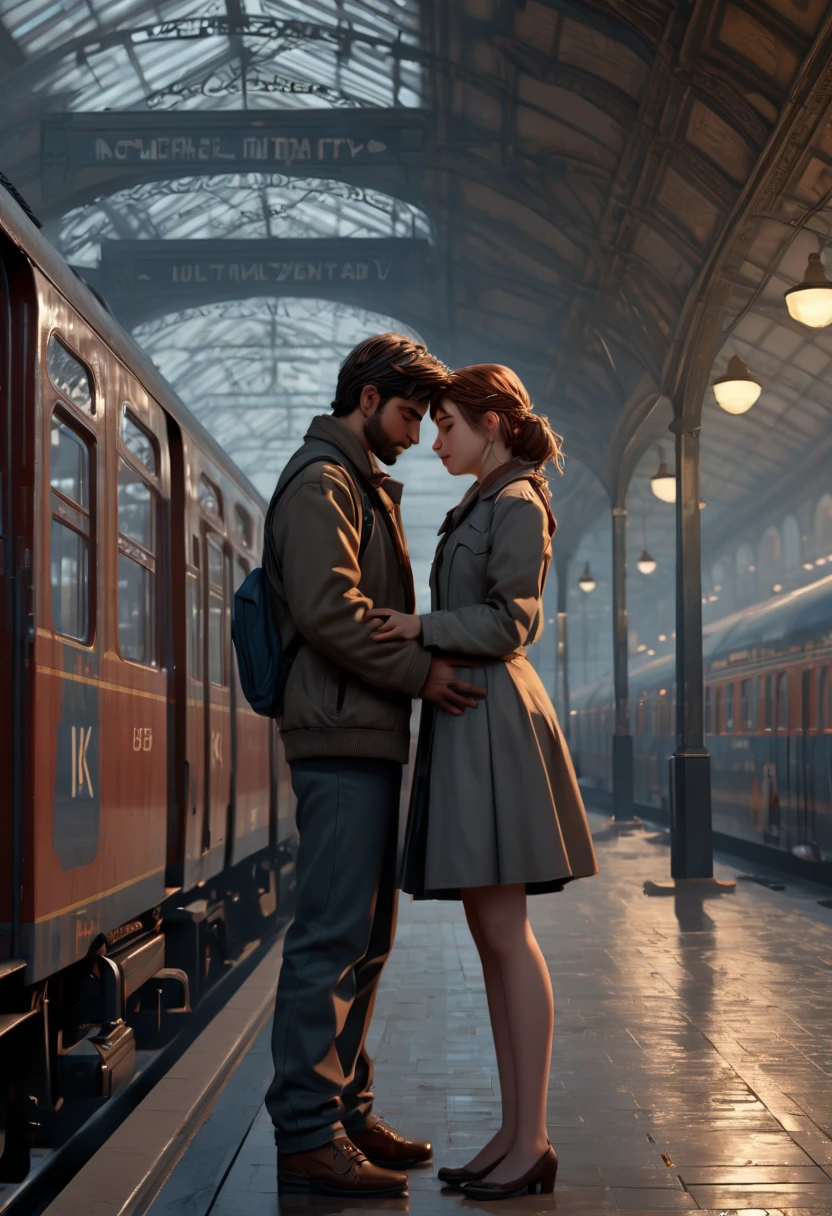 love story, students, Train Station, (best quality, masterpiece, Representative work, official art, Professional, Ultra intricate detailed, 8k:1.3)