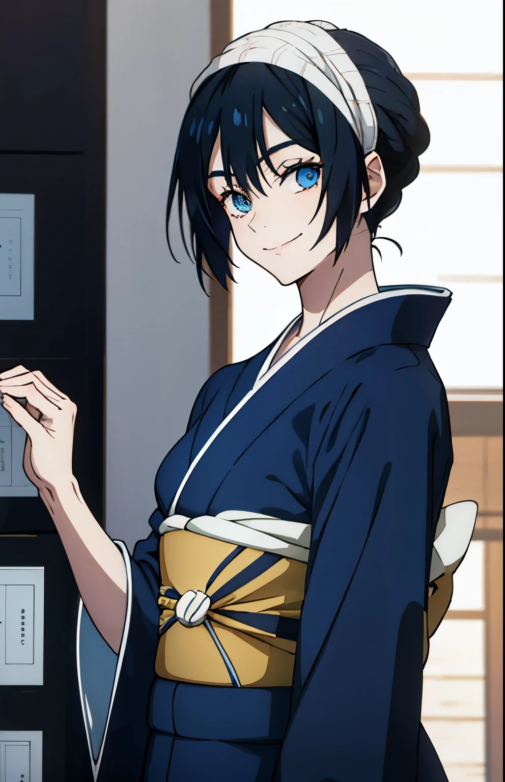 (anime cels style, best quality, high resolution, anime colored, megami magazine:1.2, anime poster style, sharp, 8k), (beautiful eyes:1.5), sakaguchihinata\(ttigraas\), 1girl, cute, black hair, short hair, large breast, cleavage, (haoli, yukata:1.5), cowboy shot, (sitting, seiza), (perfect detailed anatomy, perfect arms, perfect fingers, beautiful face, perfect body, shiny skin), 