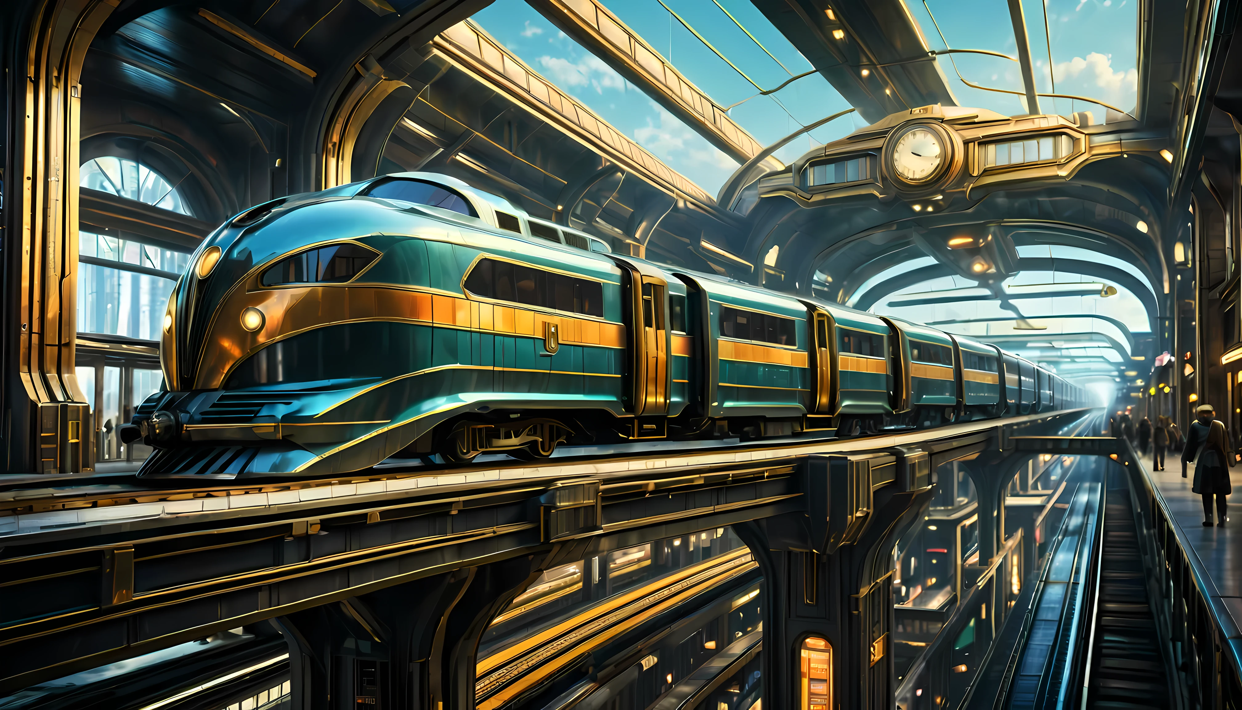 art deco style flying train, art deco style science fiction, background is floating train station.
(best quality,4k,8k,highres,masterpiece:1.2),ultra-detailed,(realistic,photorealistic,photo-realistic:1.37),HDR,UHD,studio lighting,ultra-fine painting,sharp focus,physically-based rendering,extreme detail description,professional,vivid colors,bokeh.
