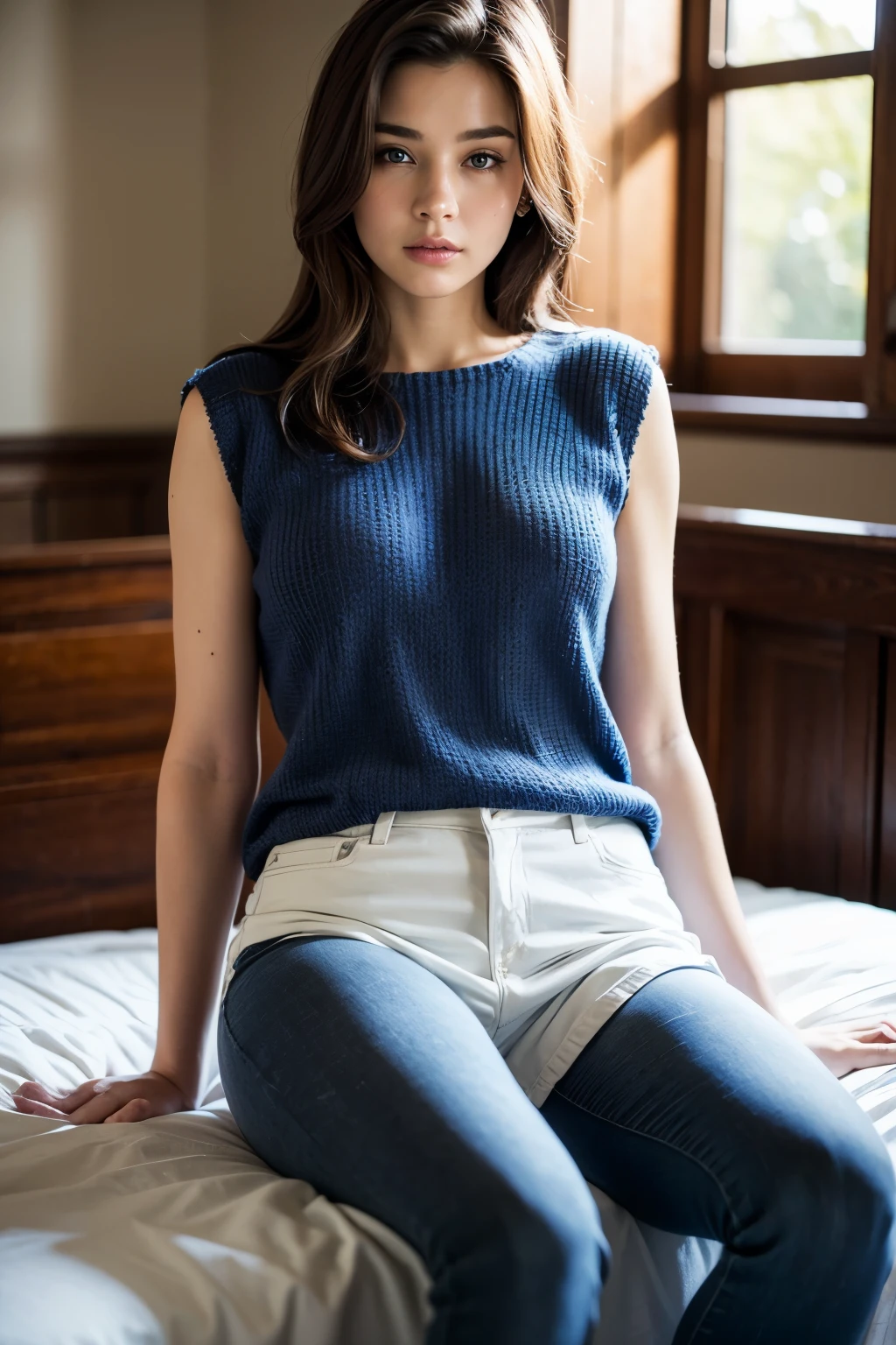 (Masterpiece, Best quality:1.2), Realistic, photoRealistic:1.2), (8K, A high resolution, ultra detailed:1.3), 1 girl, brunette, Ideal Anatomy, (focus on the face, I look at the viewer), (Realistic detailed eyebrows, Realistic beautiful blue eyes, Realistic glossy skin, Realistic detailed beautiful handsome face:1.2), (Slim, medium breasts), (Realistic cinematic lighting, detailed shading:1.2), sitting on the bed, in a sweater, full height