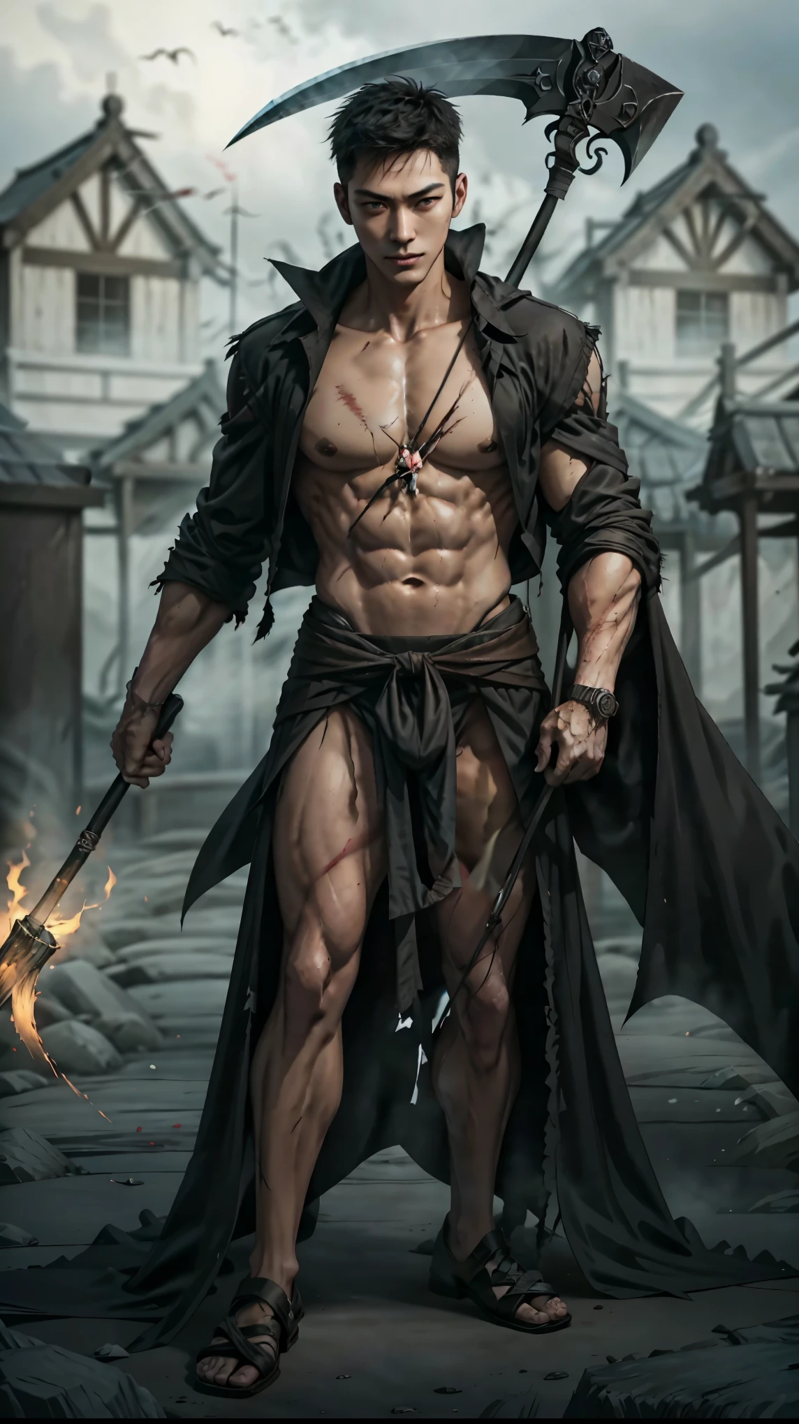 A handsome Korean man is a reaper, sexy ,in his hands there is a scythe, full naked, 27 years old, perfect anatomy, big dick, perfect face, prefect eyes, oppa, wounded on the body, sexy ghost, face cut with blood, bloody all over the body, reaper, black torn rope, sexy reaper, full body, floating, a soul reaper,