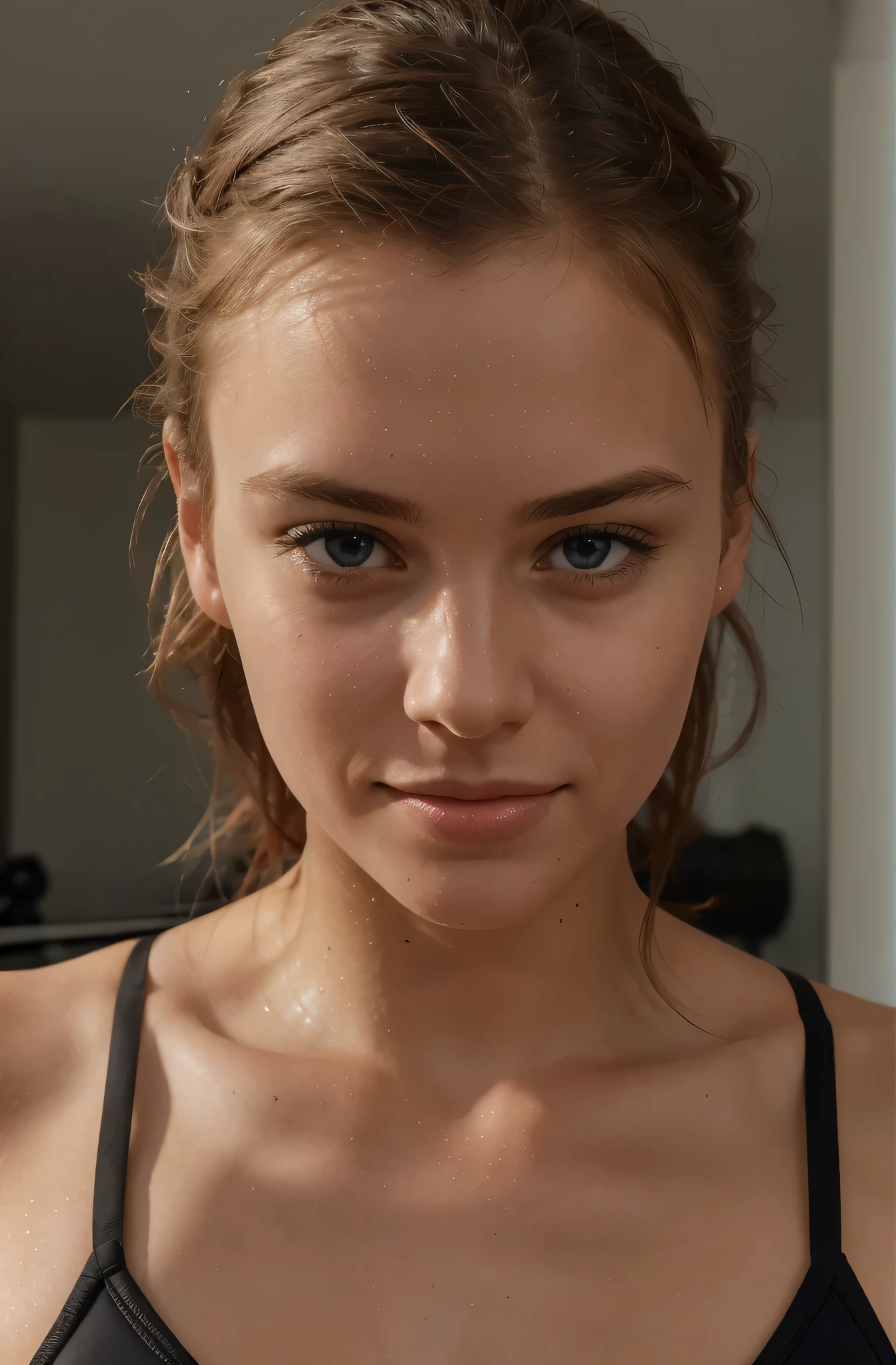 A portrait photo of beautiful German girl, attractive face, wearing sport bra, gym room background, fitness center, hyper realistic photo, medium closeup shot, safe for work, mesmerizing smile