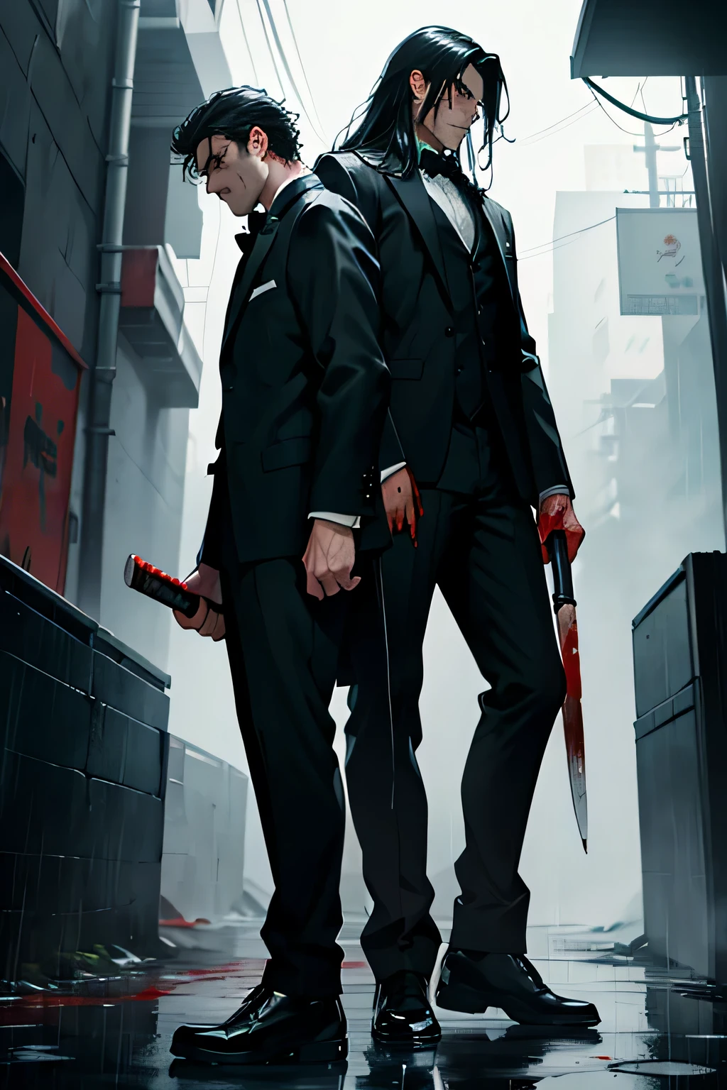 two man in pure black tuxedo drenched in blood all over their body standing in heavy rain.one man is having long hairs and a tall height with a bulky physique and is holding a large knife in his hand that too is drenched in blood . the other man is standing besides him who too has long hairs and is a little shorter in height than the other one and less bulky. the second man is also drenched in blood all over and as a weapon is holding a metal baseball bat that too is dropping drops of blood. as for the background they both are standing in heavy rain and there is red blood spread all over near them in their foot