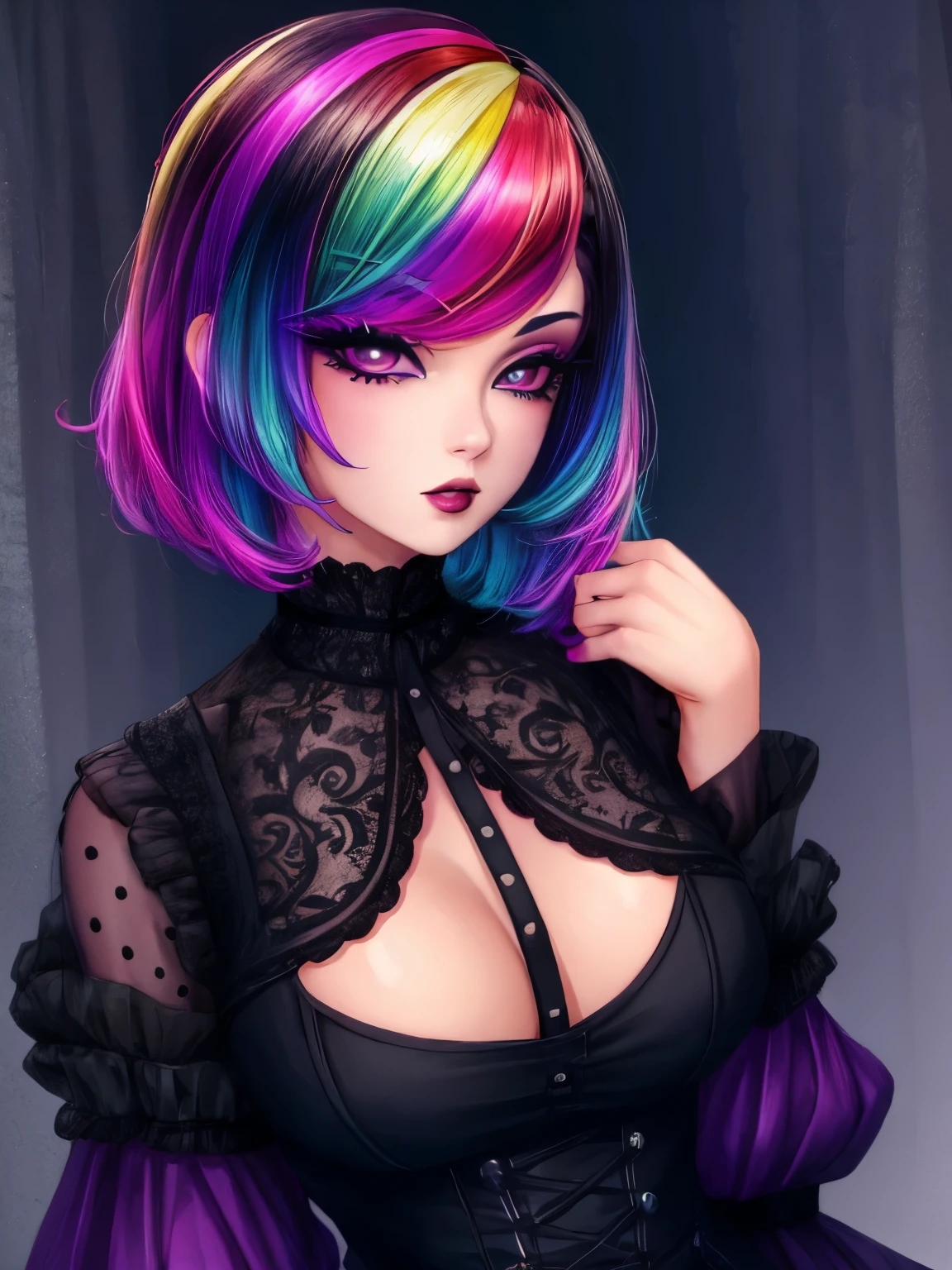 1girl, solo, goth , short messy hair with long sides, short hair, eyeshadow, dress with sleeves, mascara, color: spectrum, vivid colors, rainbow hair , perfect eyes, black eyes, dark eyes, medium breasts, outdoors  , highly detailed portrait, cute, large breasts, 