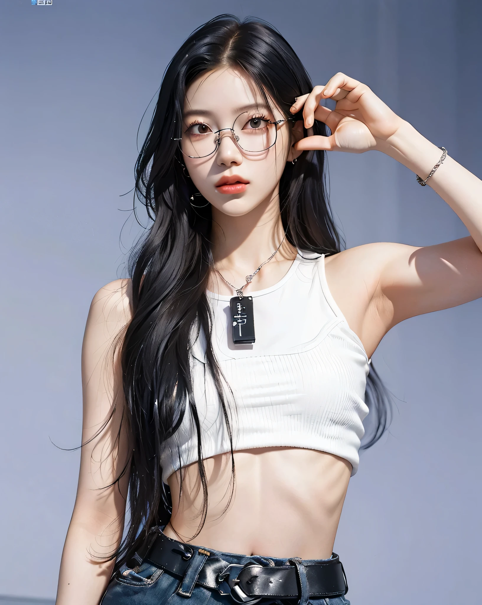 black haired, long hair, wearing white crop top, wearing modern cyberpunk glasses, (cyerpunk), (masterpiece), (realistic 3D), ultra detail