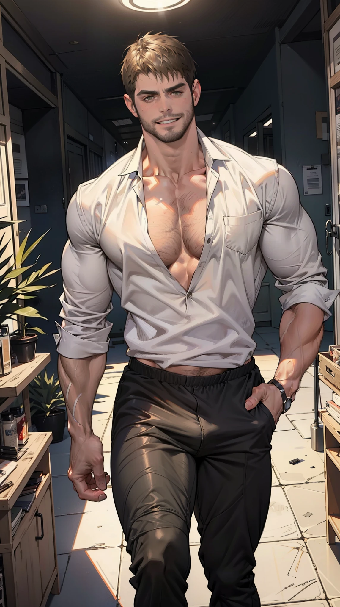 Highest quality, masterpiece, male, brown eyes, muscular, fine particle special effects, detailed face, tall, strong, short messy dark blonde hair, elegant, open white shirt, black pants, photography, handsome, male, muscular, pretentious smile, outdoors, dark romantic atmosphere, complex luxury scary background, small smile, pretentious smile, friendly face, rude, young man, hairy chest, cinematic shot, diffuse light, details intricate, athletic muscular physique, cleavage, vintage aesthetic, mysterious aura, night, artwork, bright room, pose, barbarian king, pose, clear image, (detailed face), big penis, penis bulge in pants, jacket, shaved beard,