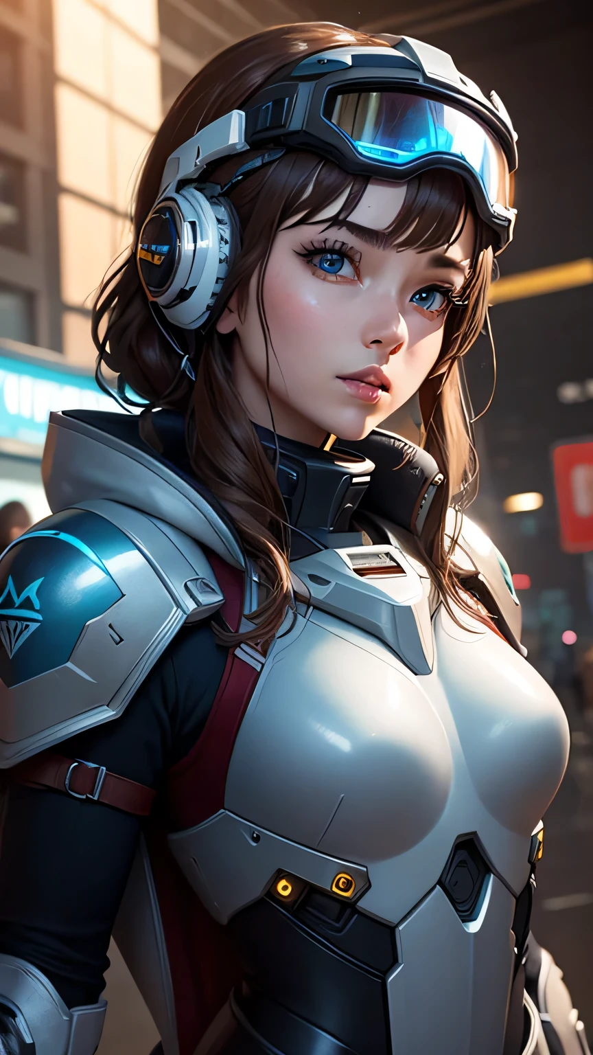 masterpiece,  最high quality, , (alone), 1 girl, look up, dim light, , horizon_(apex legend), goggles, blue eyes, brown hair, gauntlet, shoulder armor,  (Mecha Helmet), (science_fiction), outdoors, street, neon light, cyber punk, masterpiece, 最high quality, high quality, High resolution, (((close up of face)))