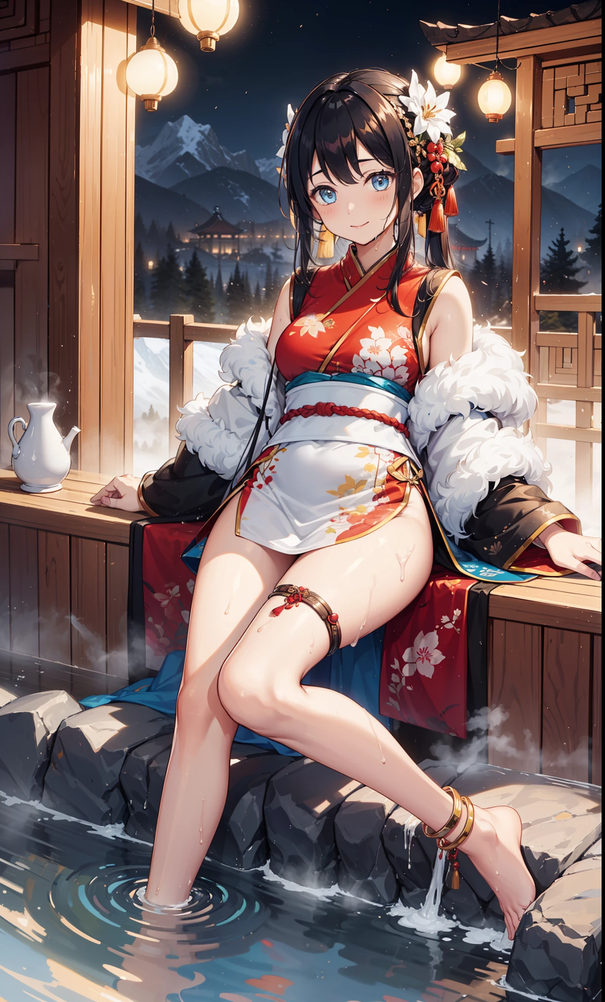 top quality,best resolution,(Drenched white long cheongsam),Super detailed, She has a white twin tail,girl,charm,Design intricate clothes,blue eyes,Distant view of forest and mountains,Elegant and charming,((Wet people,Hot springs in ancient China)),(leg rings,anklet,fog),night,little lighting,charm的姿势