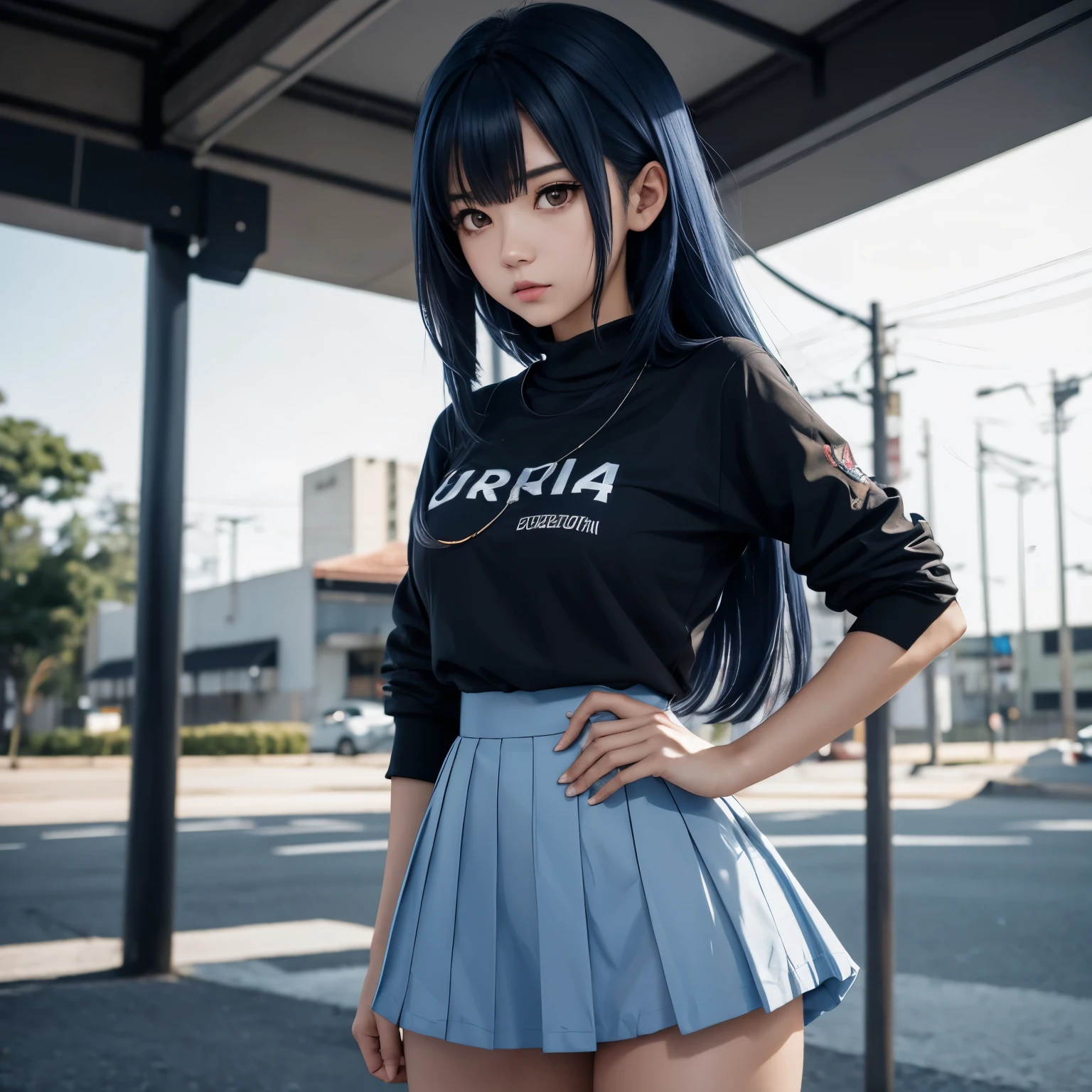 Anime girl short skirt long medium bluish hair medium chest in Brazil and a thug behind her blurred ultra 4k