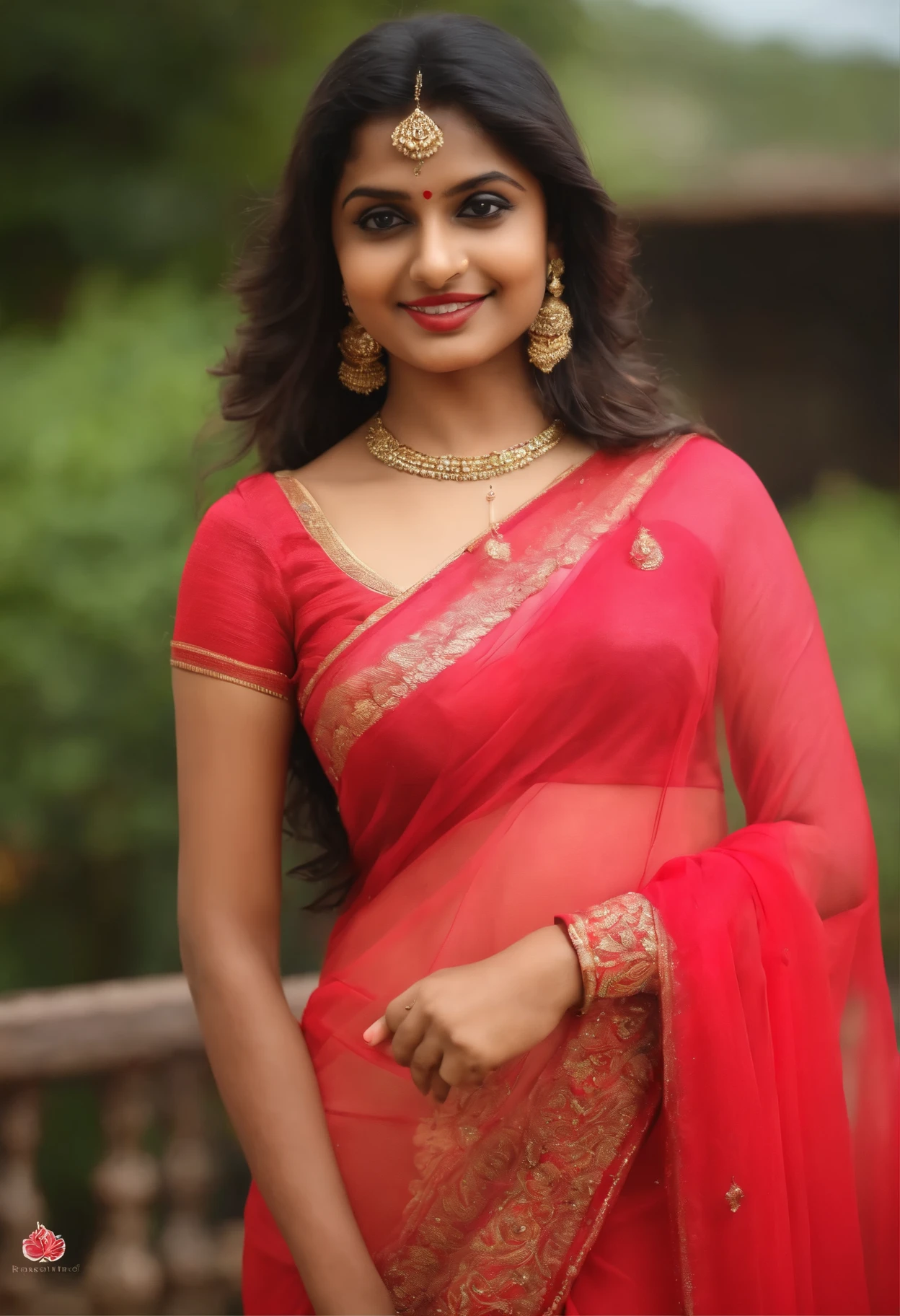 Provide total of twelve photos in different angles in different locations, of a 18 year old cute gorgeous beautiful South indian girl with sexy shapes in a red peacock design pink color transparent saree draing below navel and showing the navel and her cleavage of