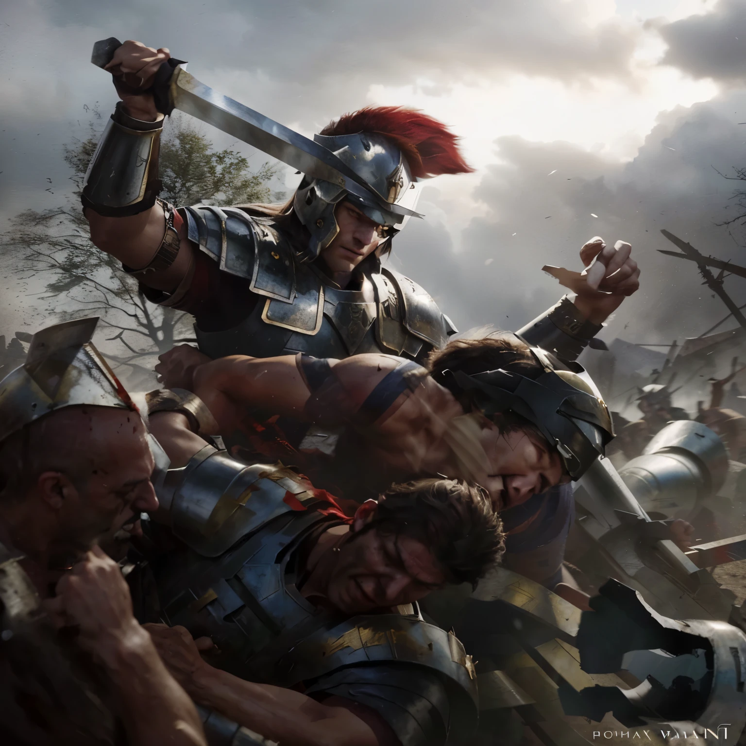 a painting of a man in a helmet is holding a sword, epic battlescene, heroic battle scene, epic battle scene, fighting scene, magali villeneuve', detailed game art illustration, caesar victorious, graphic artist magali villeneuve, by Marek Okon, beware the ides of march, greek myth digital painting, album art, by Pogus Caesar