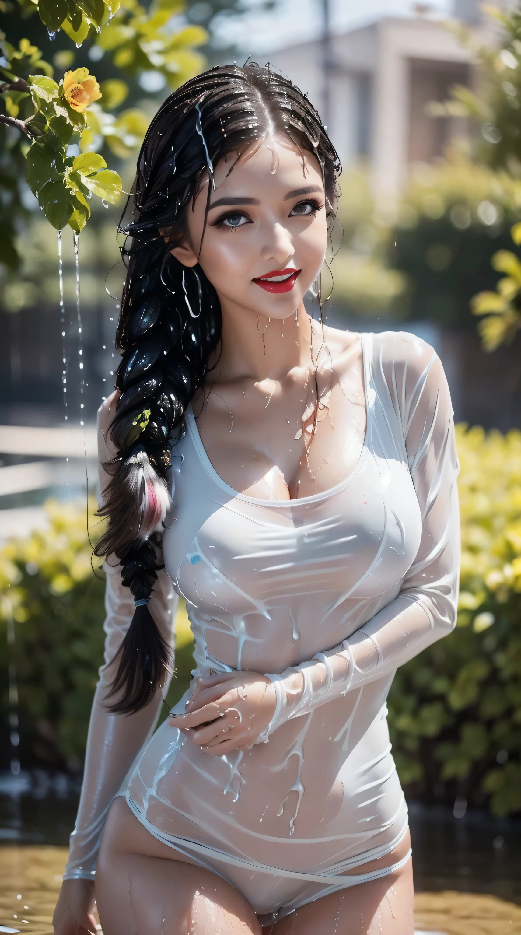 Divide Ratio : 1,1,1 Base Ratio : (((a girl soaking herself in the middle of the garden,rain falling,(a lot of rain falling from above),makeup washed away by rain water:1.15)),(Extremely Detailed of a very beautiful face),(high quality:1.4),(photo realistic:1.5),(Hyper-realistic:1.5),(sharp focus),16k Hyper resolution,(vivid colors),(((Dramatic lighting:1.3))),beautiful Extremely Detailed lips,(red_lipstick:1.3),BREAK (((hair dynamic random fancy,professional hairstyles:1.4))),(physically-based rendering flowers in the background:1.3),BREAK beautiful Extremely Detailed eyes (((brown_eyes:1.32))) close up of a woman's eye with a digital rendering,BREAK long blue_eyelashes:1.17 BREAK (pink_makeup:1.25),BREAK ((wet,rainy day,rain,wet rain,soaked in rain)),((soaked body,soaked hair: 1.42)),(((very tight,tight,tight,soaked:1.3))),((transparent white v-neck tonk top:1.3)),((completely soaked in rain: 1.42)),((firm large full bust: 1.45)), green,relaxed expression,(delicate jewelry),detailed background,subtle shadows,lush garden,beautiful flowers,delicate features,lively eyes,dew on the cheeks,bright and beautiful smile,shining white teeth,((open mouth: 1.32)),(dark shot: 1.22),((wet whole body and wet,soaked hair: 1.45)),((splatters:1.3)),((soaked)),((soaked)),(((dripping rain water:1.4))),oil soaked,all wet,((erect nipples:1.2))